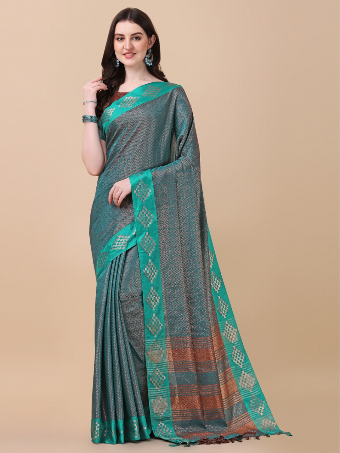 

KALINI Green & Copper-Toned Woven Design Zari Pure Silk Ikat Saree