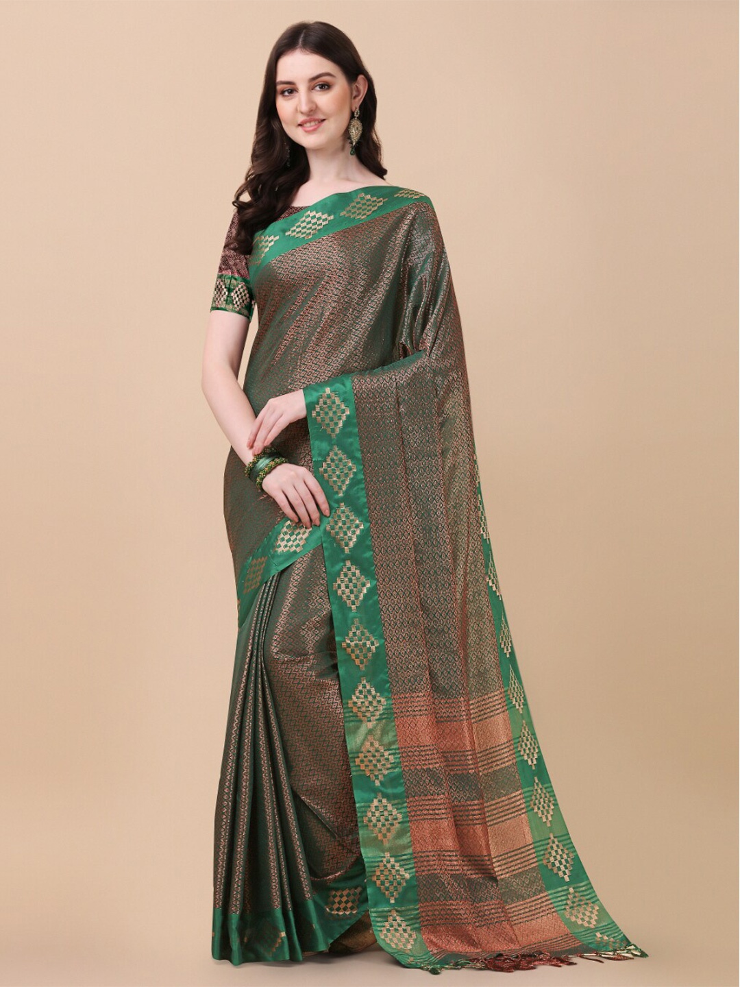 

KALINI Green & Copper-Toned Woven Design Zari Pure Silk Ikat Saree