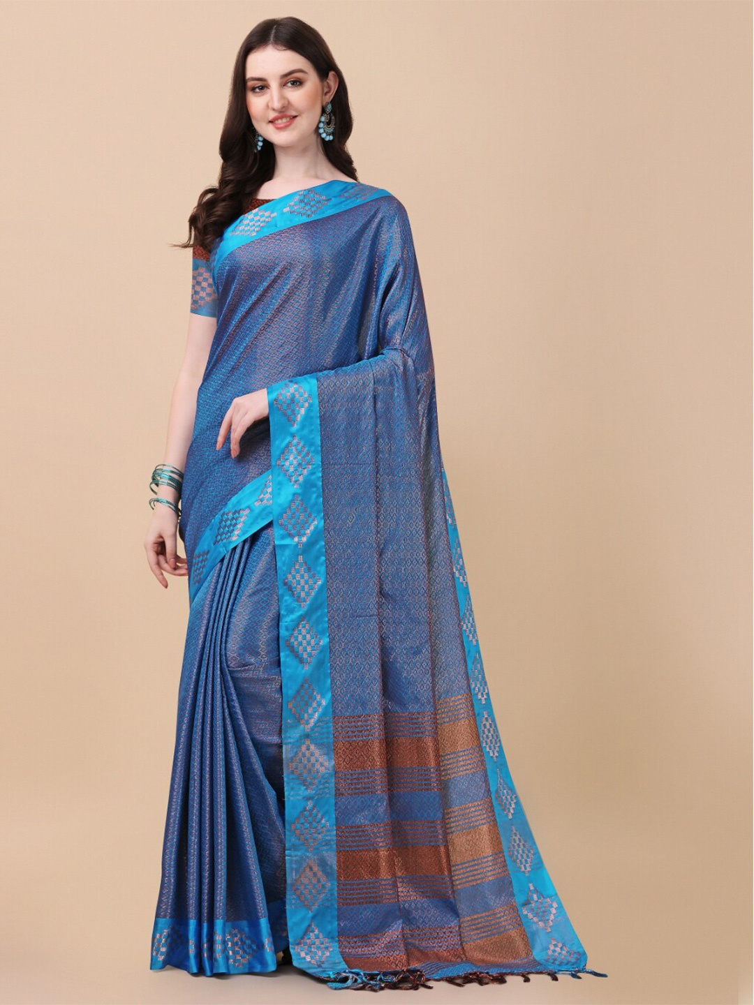 

KALINI Turquoise Blue & Copper-Toned Woven Design Zardozi Pure Silk Ikat Saree