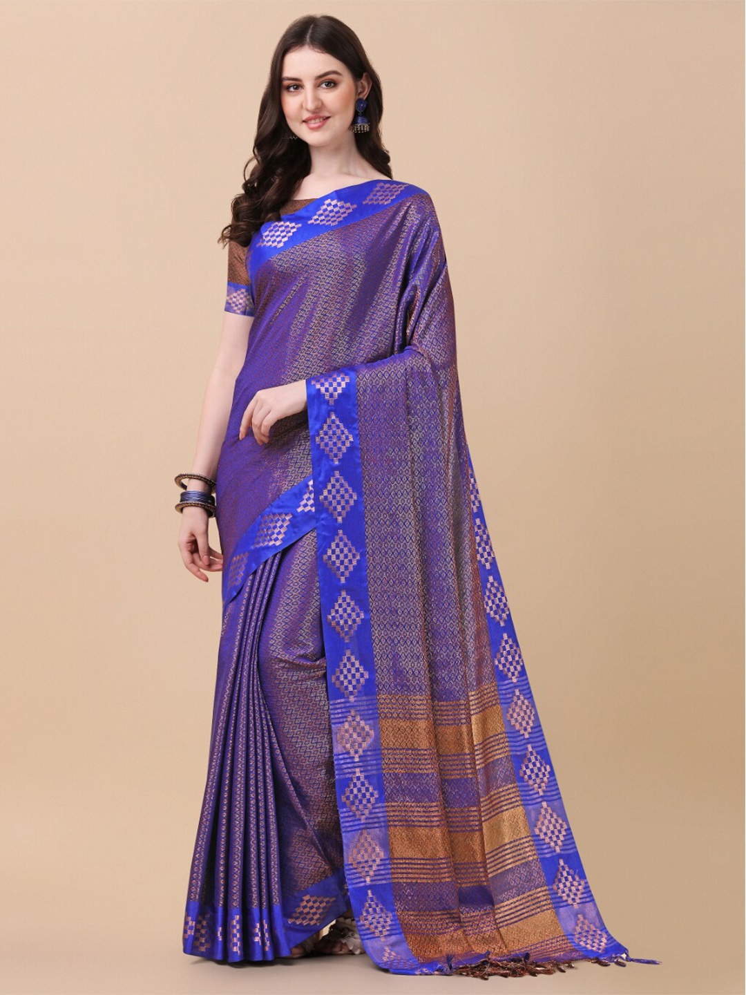 

KALINI Blue & Copper-Toned Woven Design Zari Pure Silk Ikat Saree