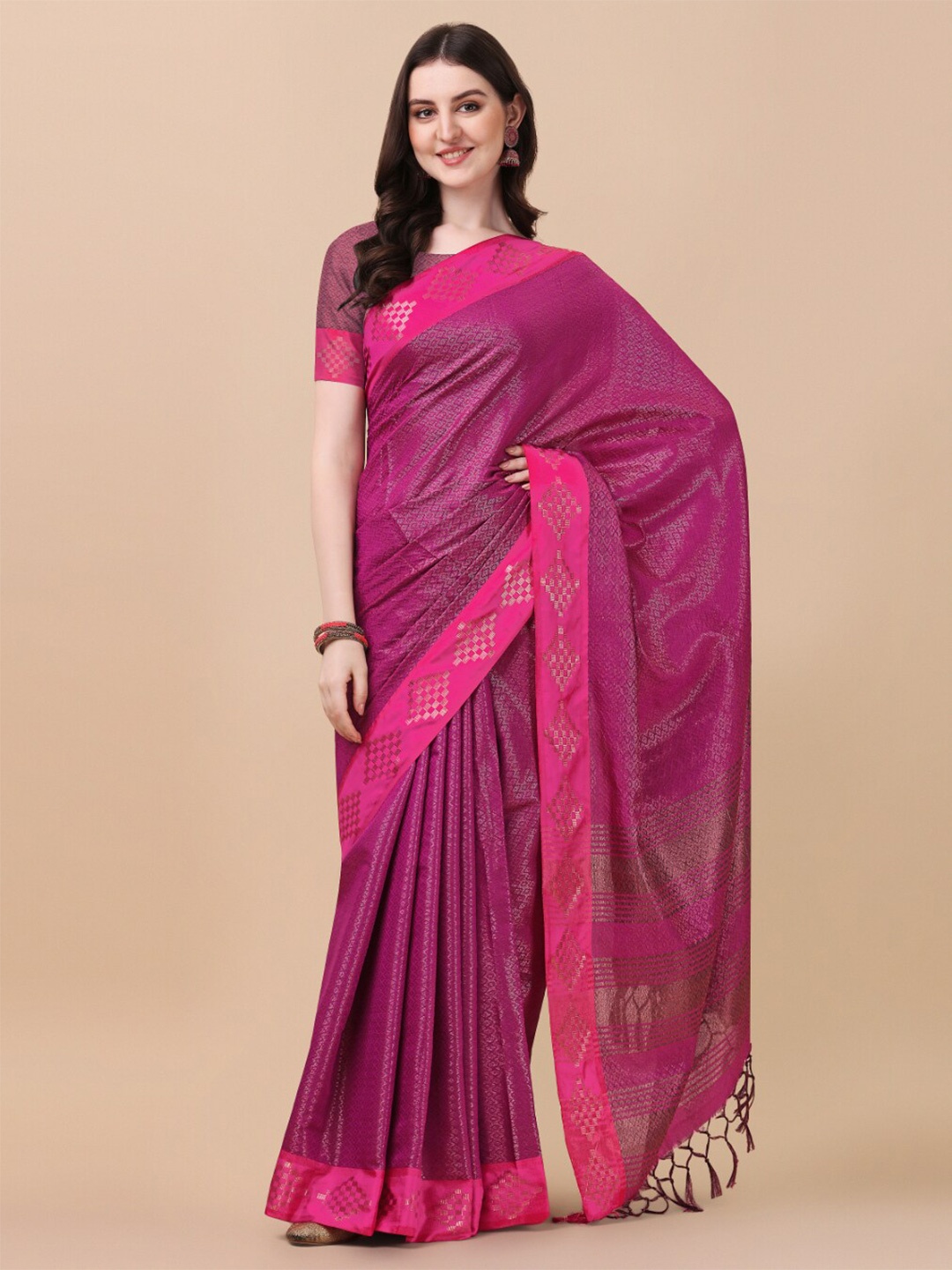 

KALINI Pink & Gold-Toned Woven Design Zari Pure Silk Ikat Saree