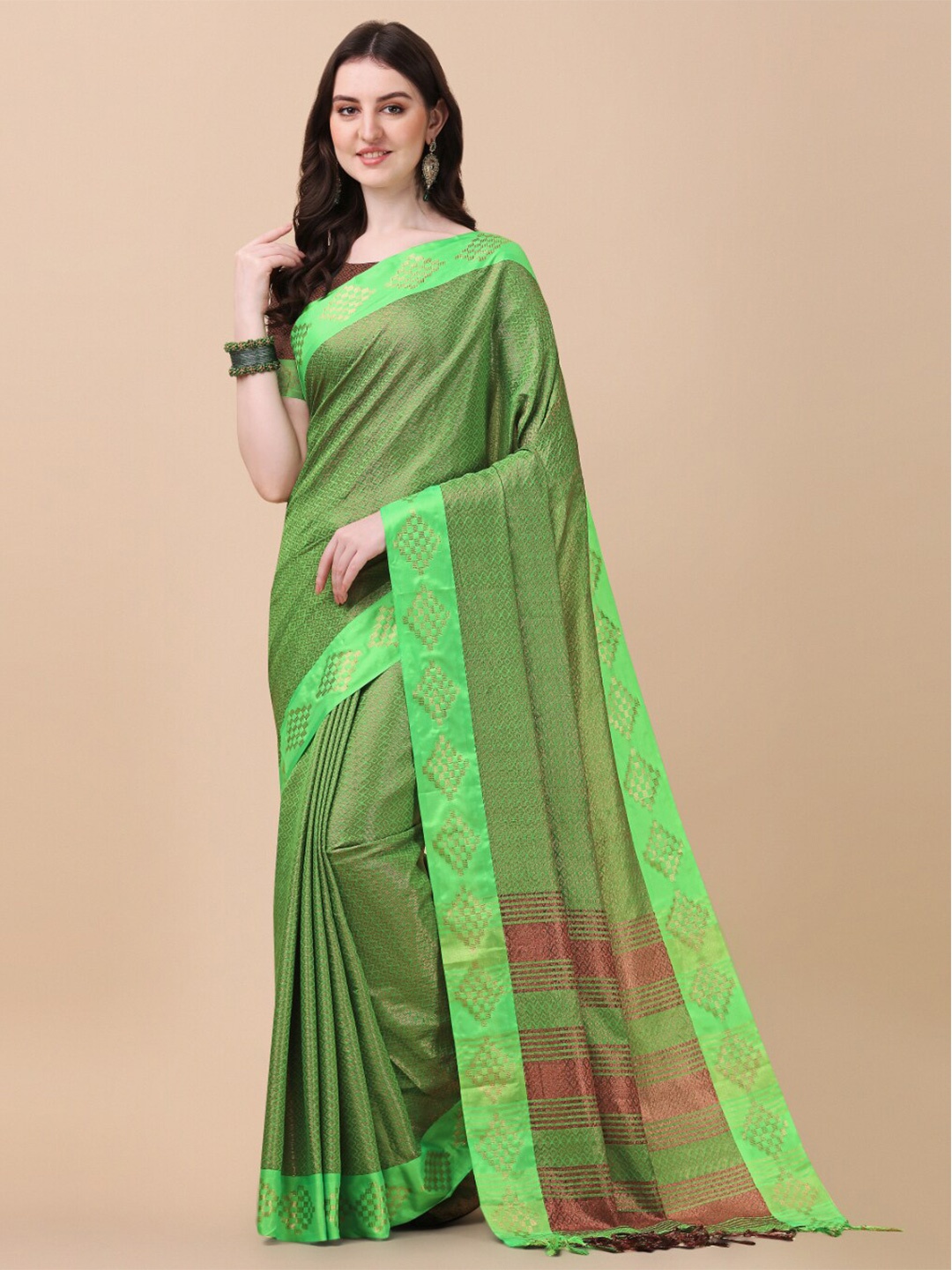 

KALINI Fluorescent Green Woven Design Zari Pure Silk Ikat Saree