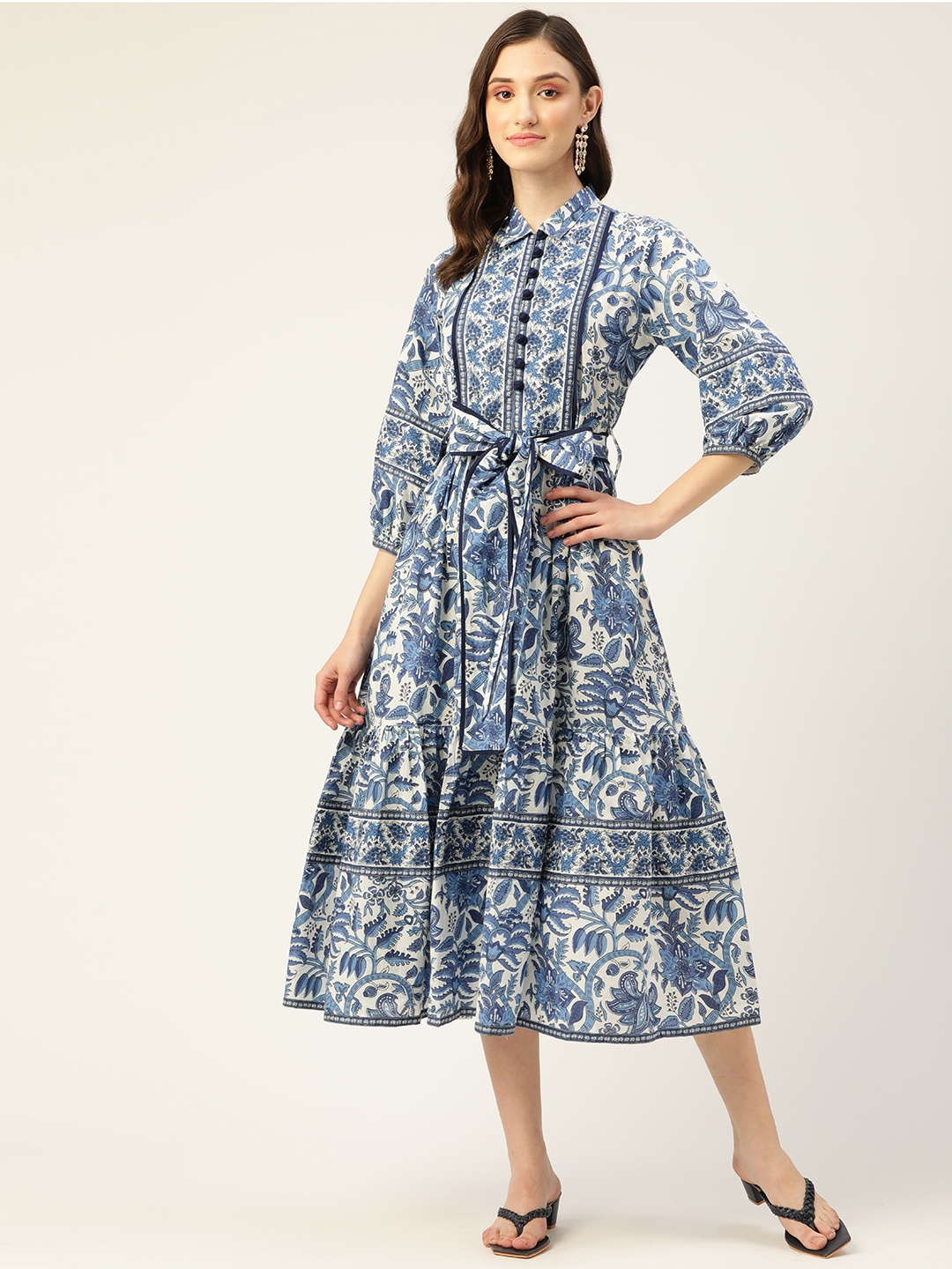 

Jaipur Morni White & Blue Floral Midi Dress