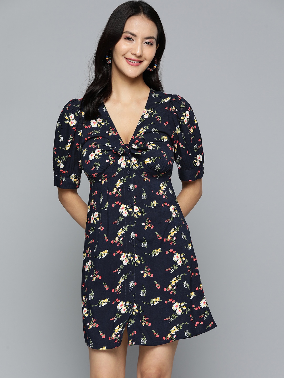 

HERE&NOW Navy Blue & Beige Floral Tie-Up Neck A-Line Dress