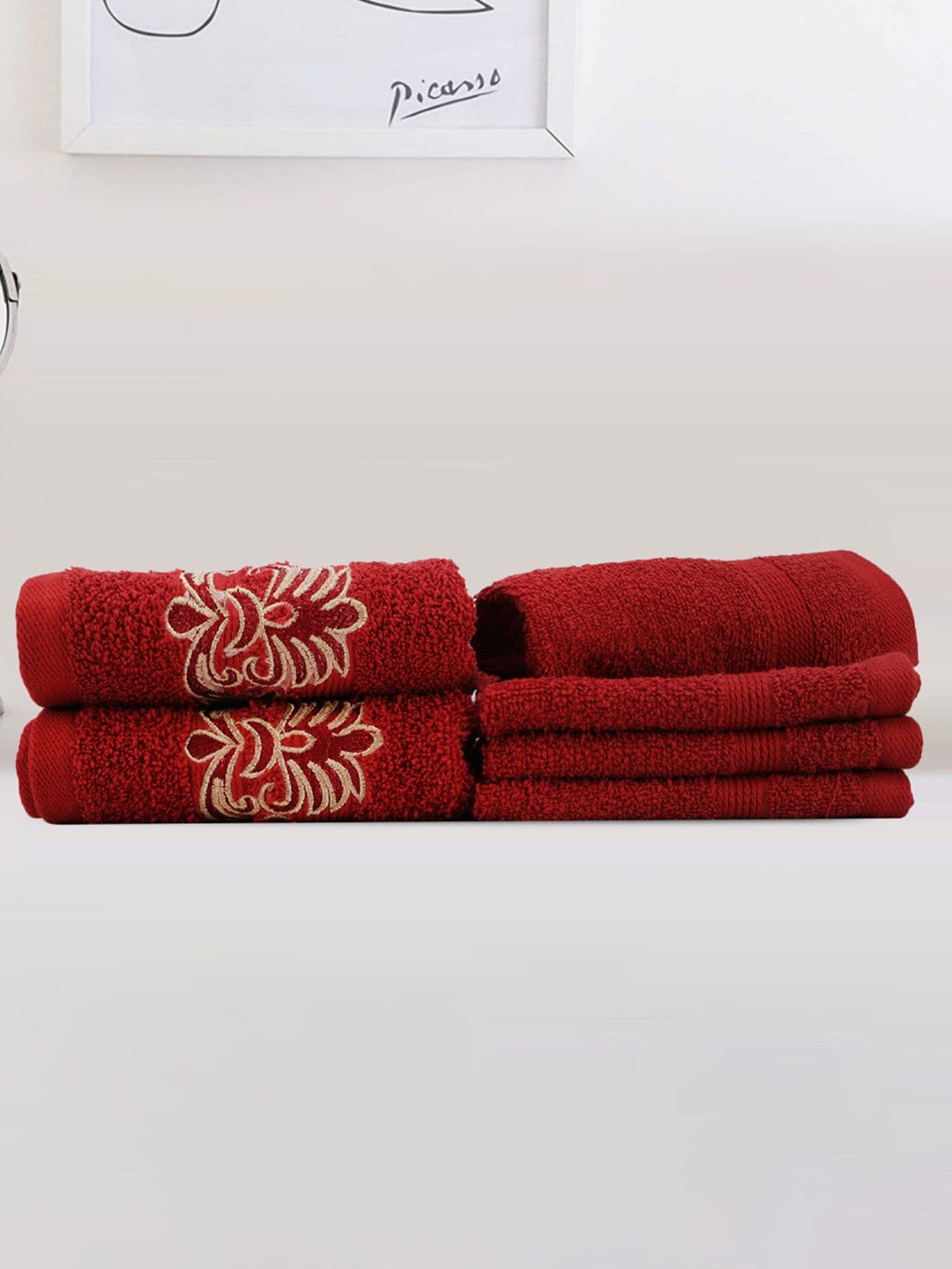 

LUSH & BEYOND Set Of 6 Self-Design Pure Cotton 500 GSM Towel Set, Red