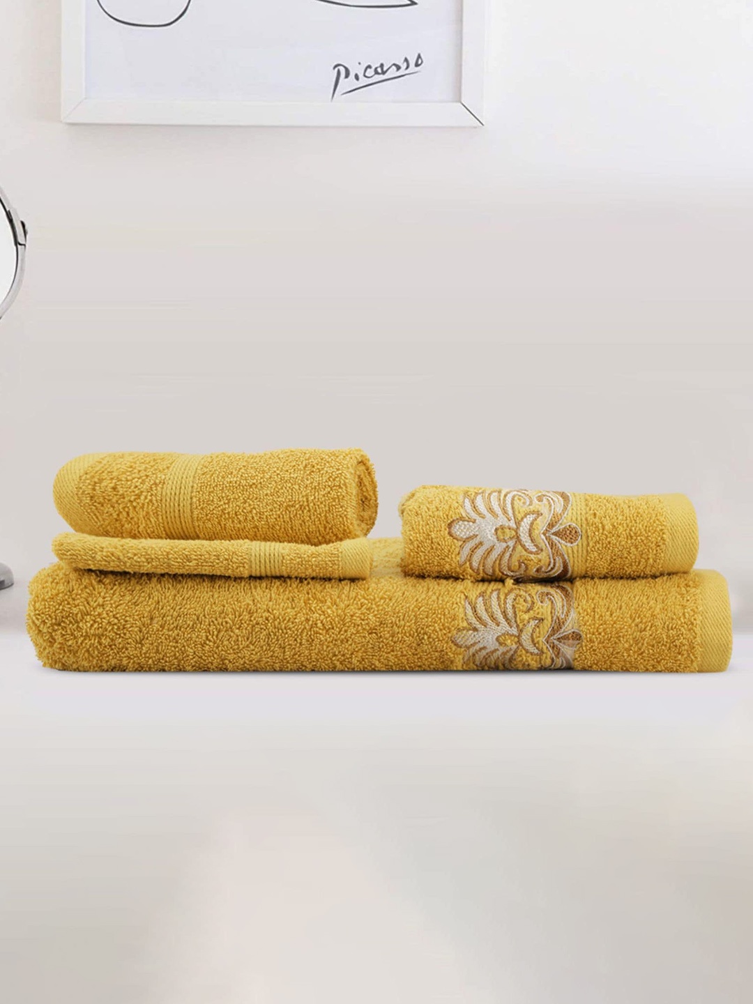 

LUSH & BEYOND Set Of 4 Mustard Yellow Pure Cotton 500 GSM Towel Set