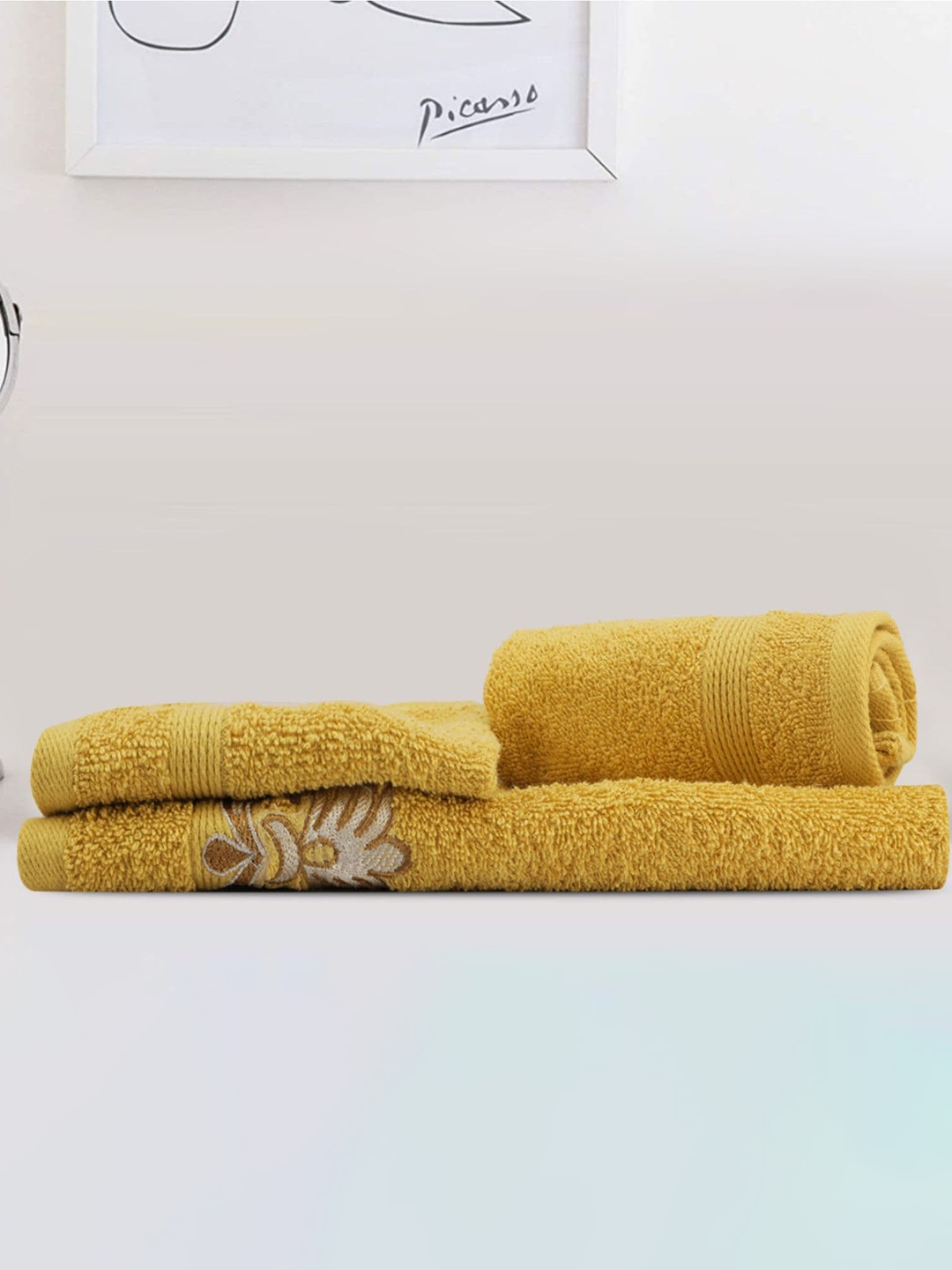 

LUSH & BEYOND Set Of 3 Self-Design Pure Cotton 500 GSM Towel Set, Yellow