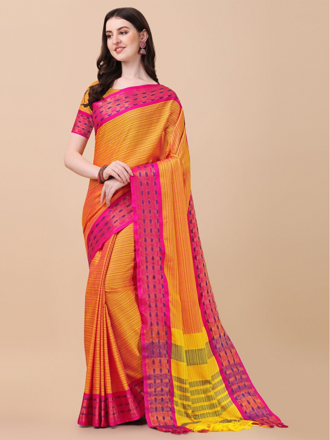 

KALINI Gold-Toned & Pink Woven Design Zari Pure Silk Ikat Saree