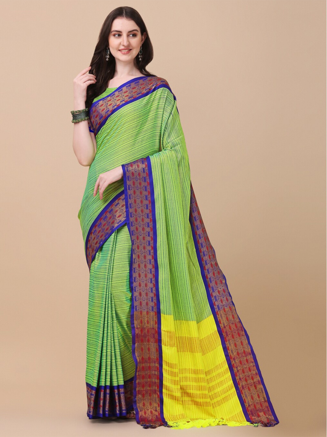 

KALINI Fluorescent Green & Blue Woven Design Zari Pure Silk Ikat Saree