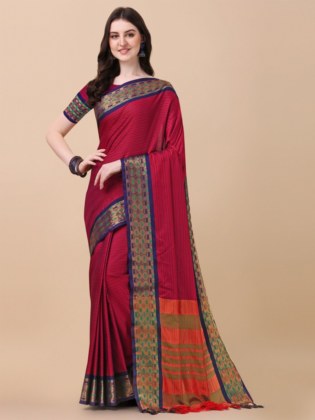 

KALINI Red & Blue Woven Design Zari Pure Silk Ikat Saree