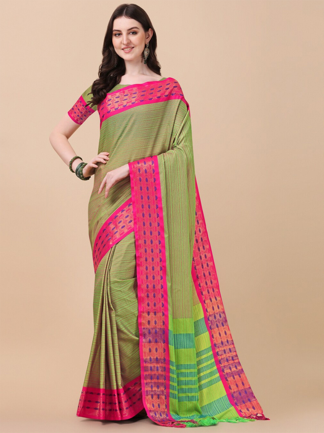 

KALINI Green & Red Woven Design Zari Pure Silk Ikat Saree