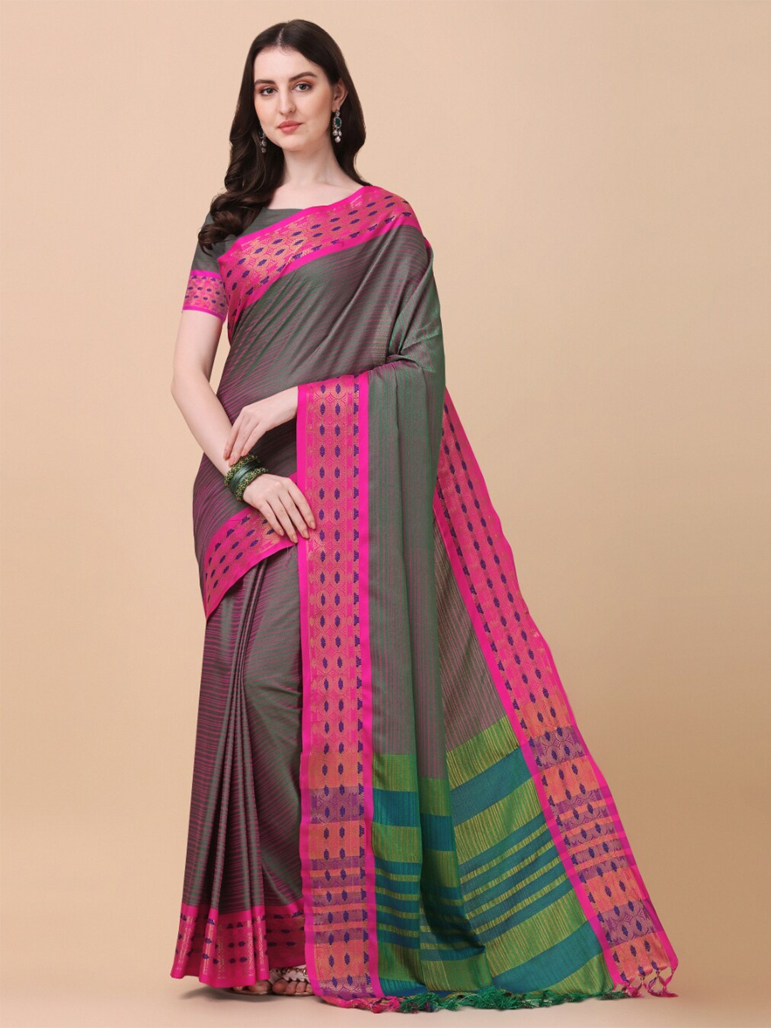 

KALINI Olive Green & Pink Striped Zari Pure Silk Ikat Saree