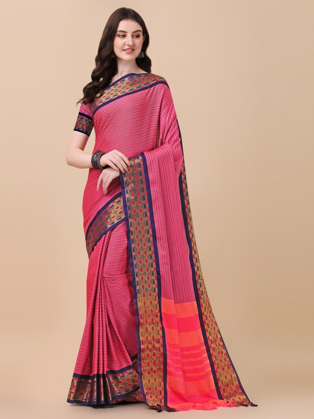 

KALINI Peach-Coloured & Blue Striped Zari Pure Silk Ikat Saree