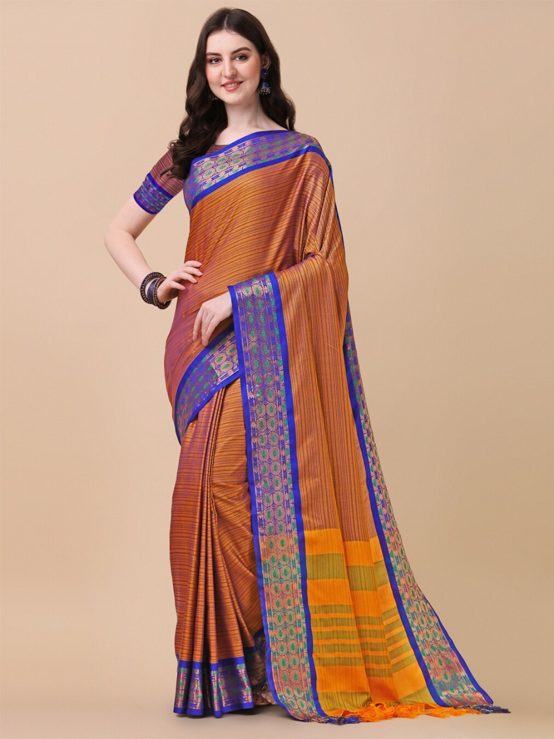 

KALINI Gold-Toned & Blue Striped Zari Pure Silk Ikat Saree