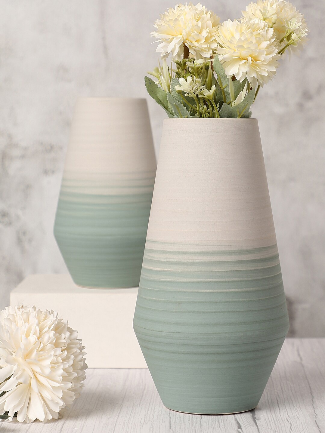

Bonhomie White & Green Striped Ombre Ceramic Vase