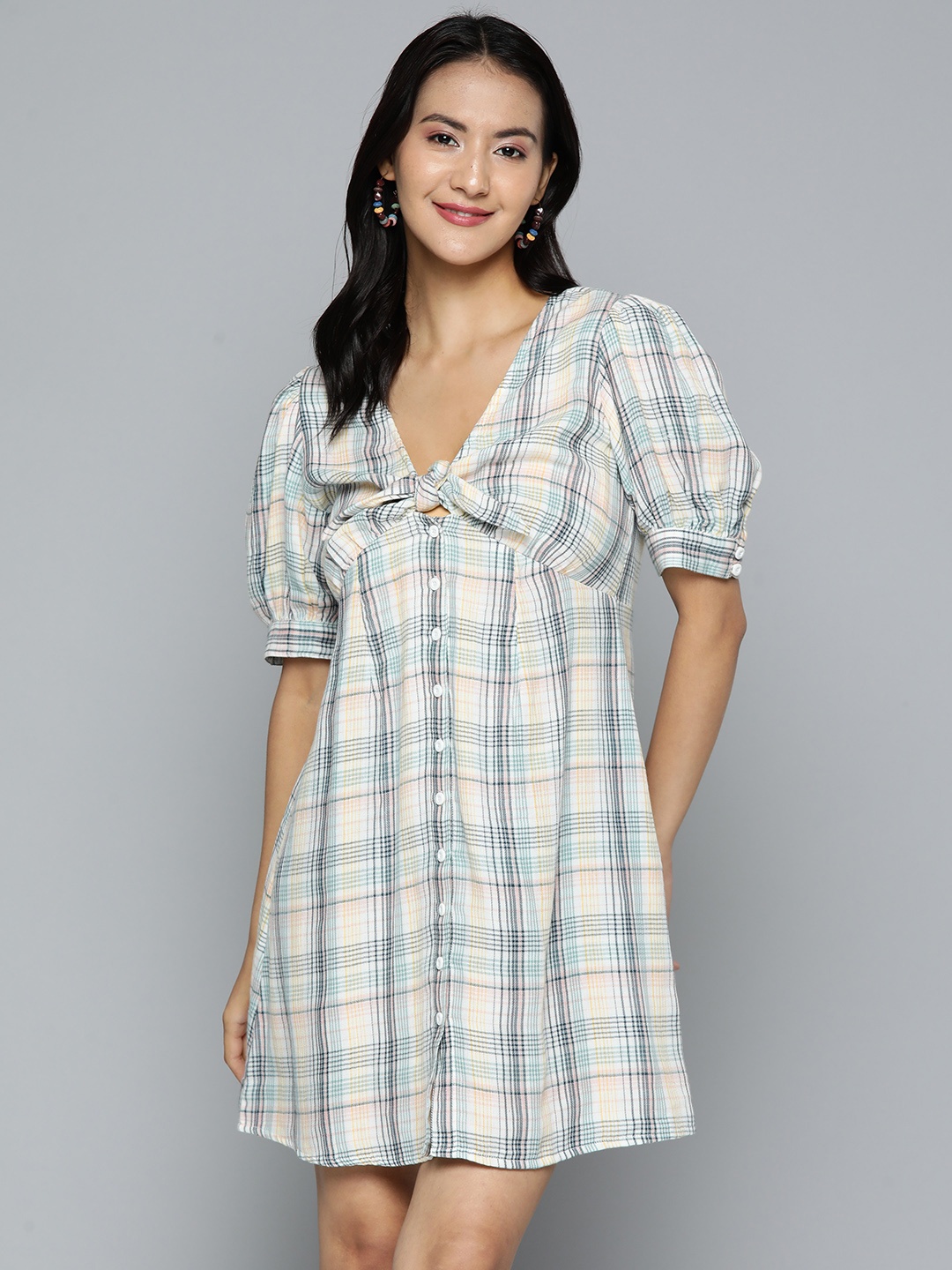 

HERE&NOW White & Grey Checked Tie-Up Neck A-Line Dress