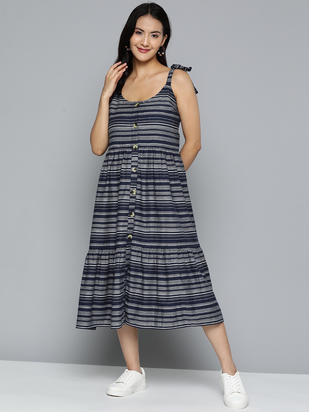 

HERE&NOW Navy Blue & Grey Striped Pure Cotton Tiered A-Line Midi Dress