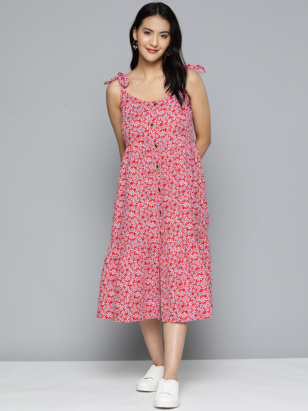 

HERE&NOW Red & White Floral Pure Cotton Tiered A-Line Midi Dress