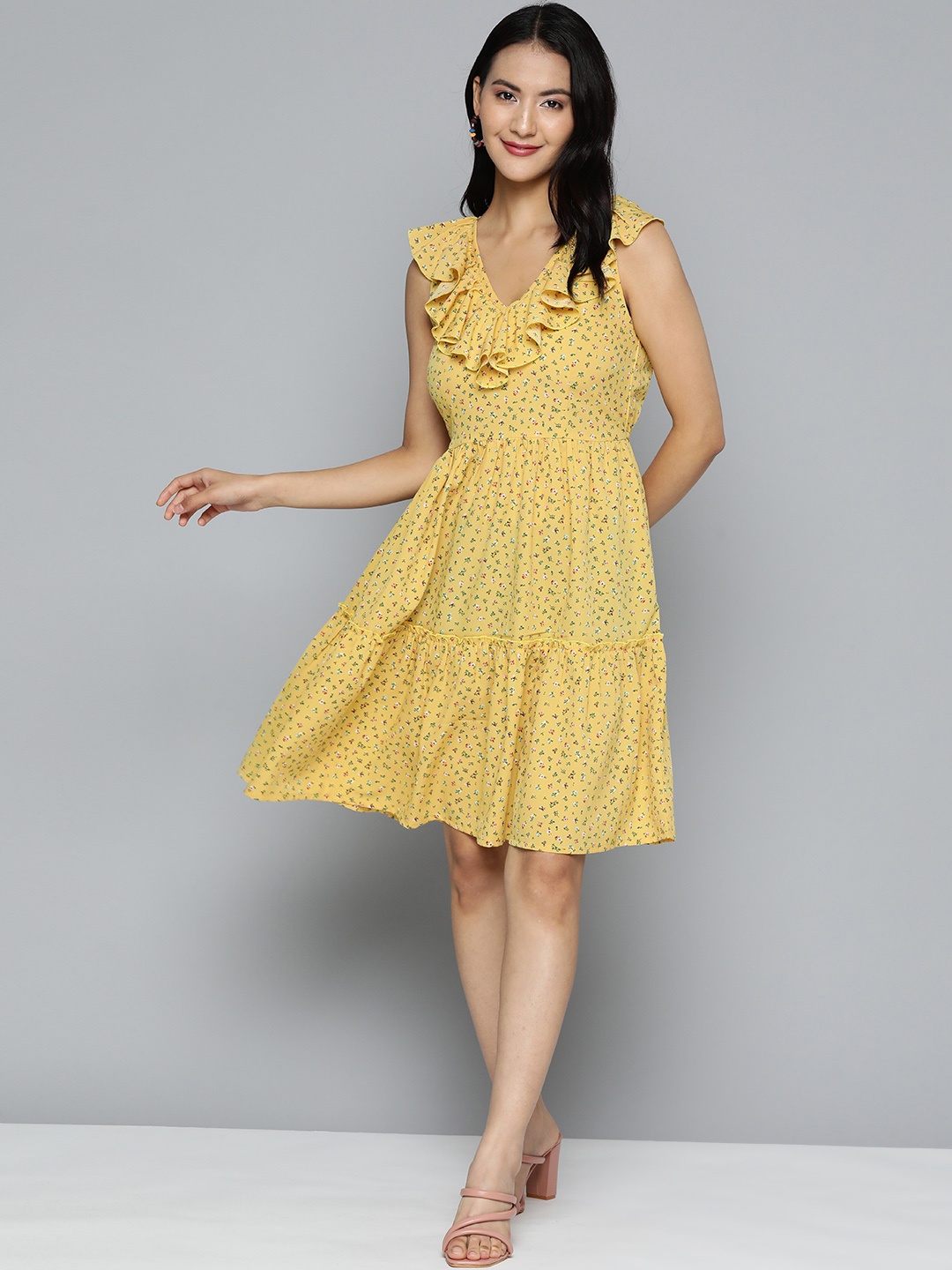 

HERE&NOW Mustard Yellow & Green Floral A-Line Dress