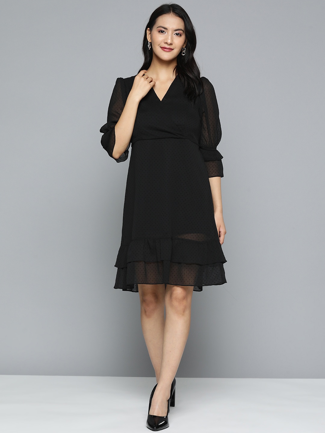 

HERE&NOW Black Self Design Dobby Weave Dress