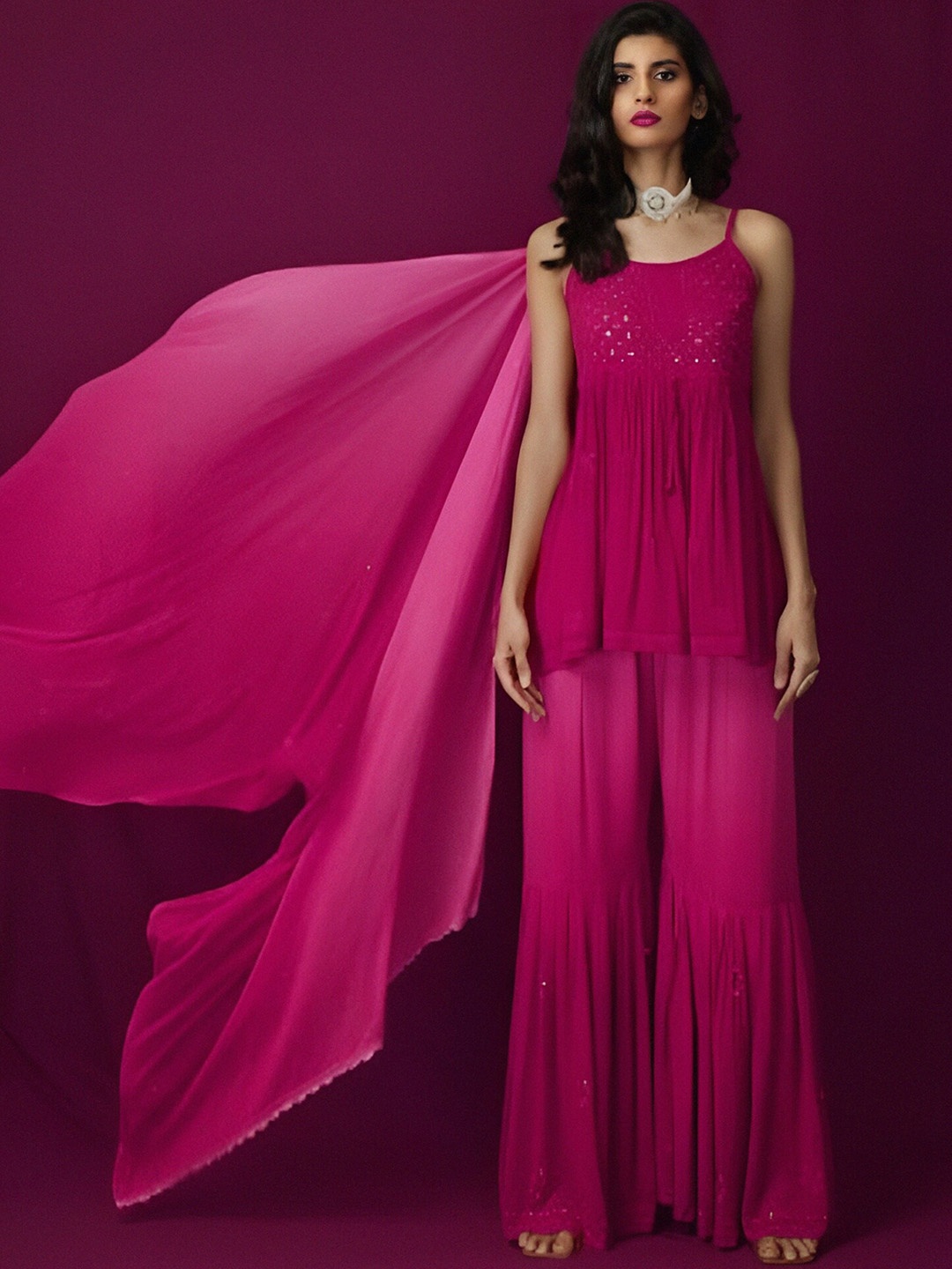 

LABEL AISHWARYRIKA Women Pink Mirror Work Georgette Kurta