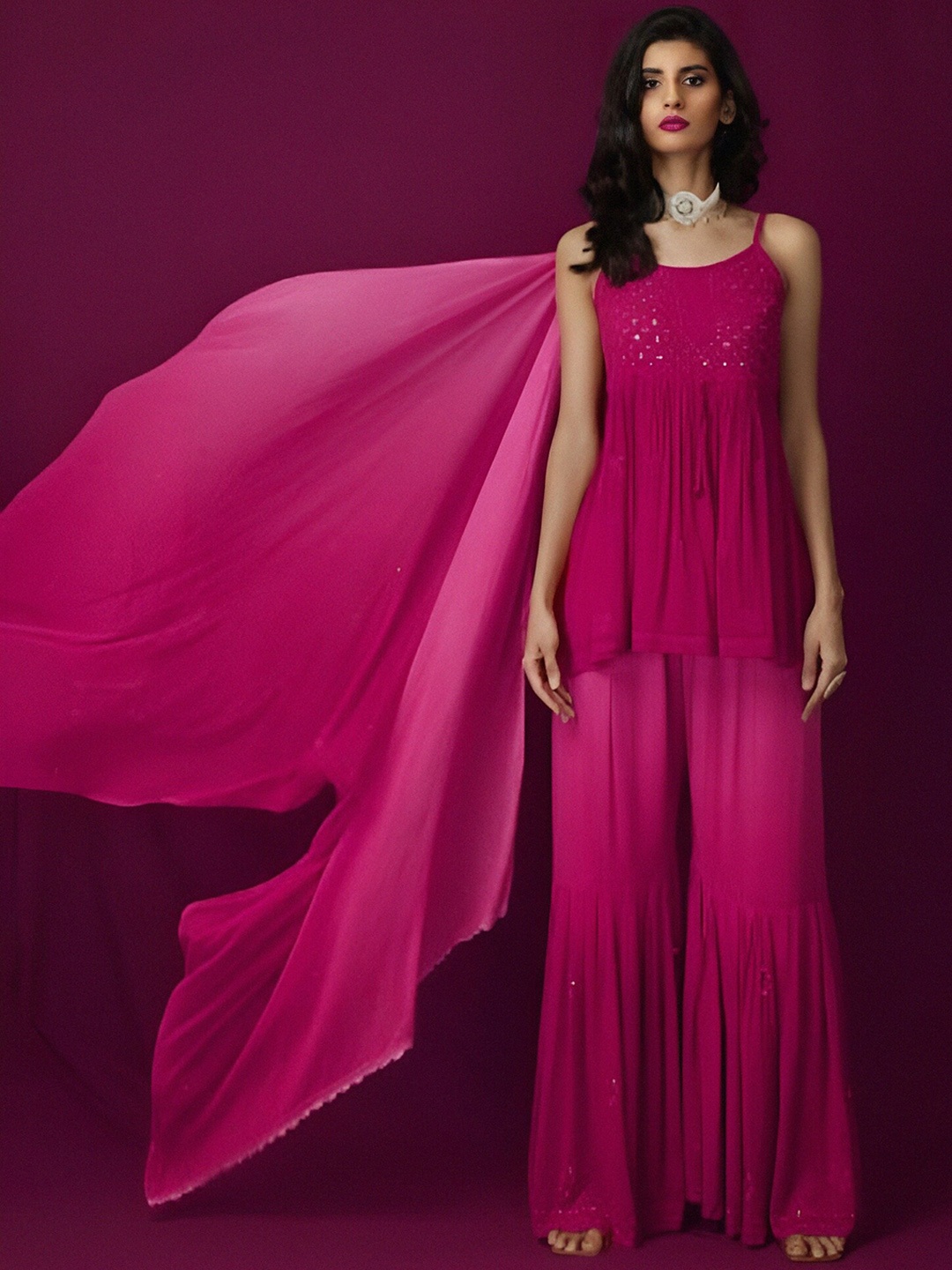 

LABEL AISHWARYRIKA Women Pink Mirror Work Georgette Kurta