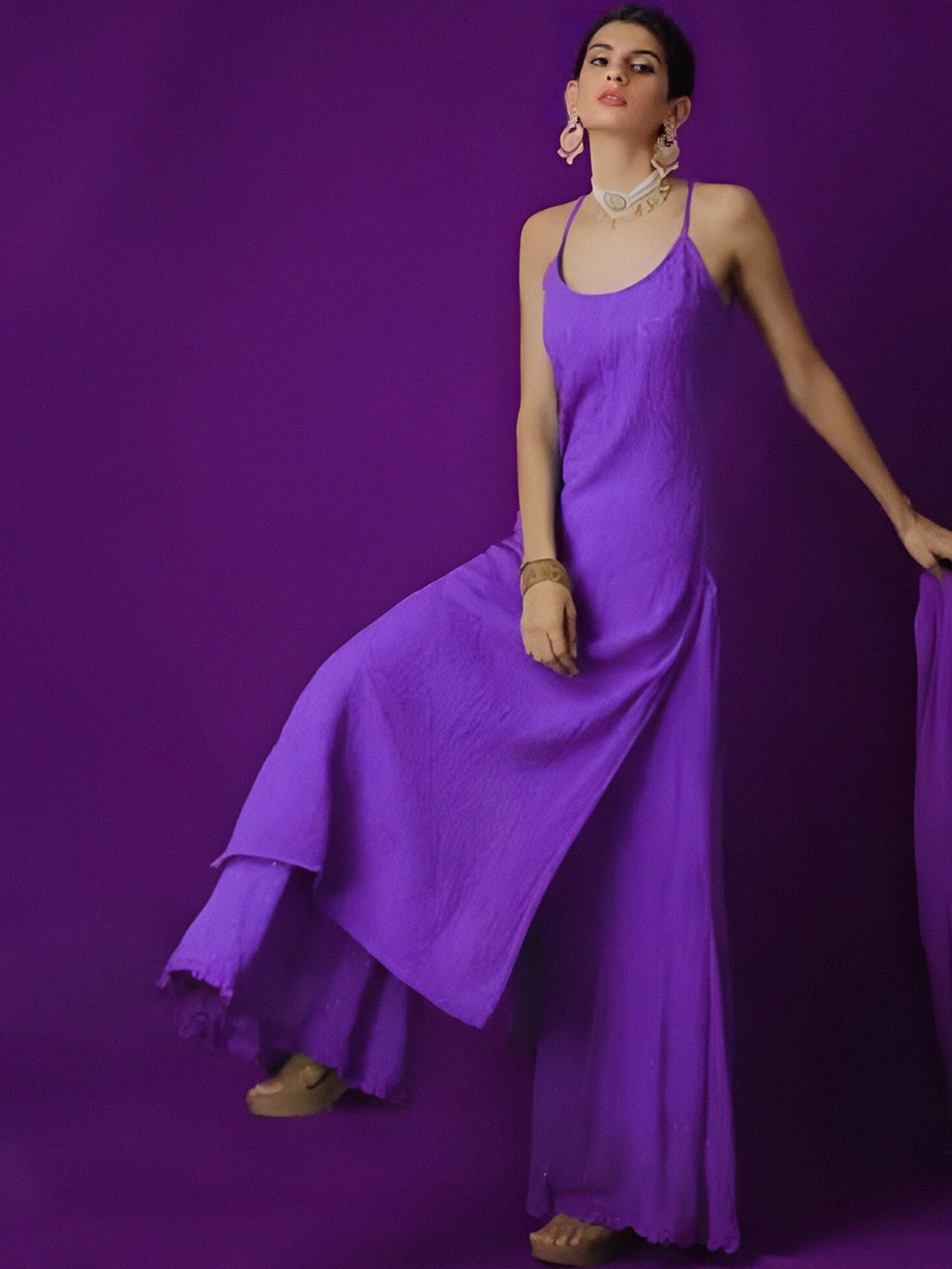 

LABEL AISHWARYRIKA Women Purple Embroidered Thread Work Silk Georgette Kurta with Palazzos & With Dupatta