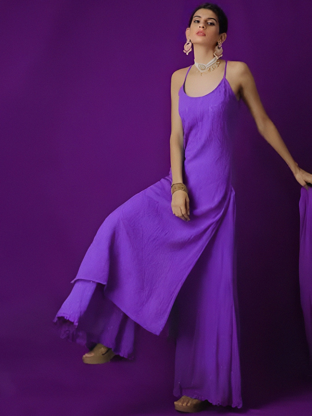 

LABEL AISHWARYRIKA Women Purple Silk Georgette Kurta with Palazzos & With Dupatta