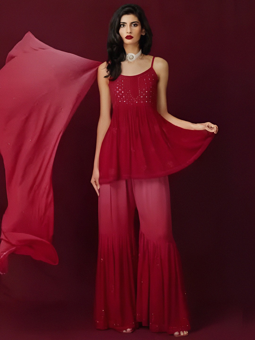 

LABEL AISHWARYRIKA Women Red Embroidered Mirror Work Kurta with Sharara & With Dupatta