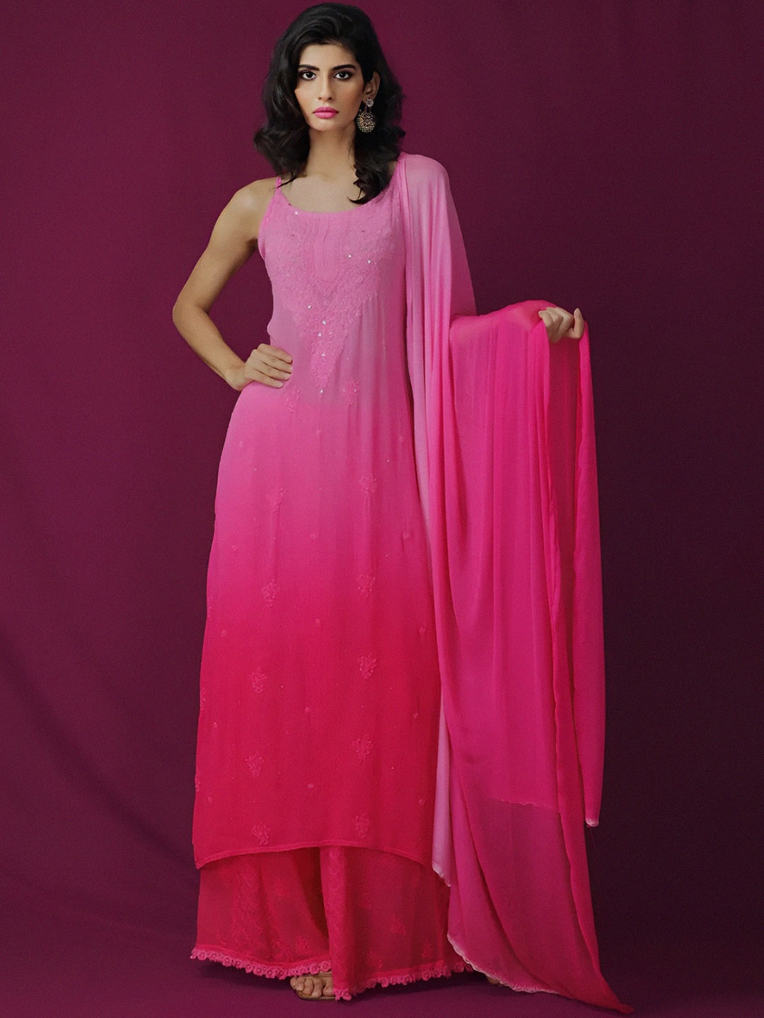 

LABEL AISHWARYRIKA Women Pink Ombre Embroidered Kurta with Sharara & With Dupatta