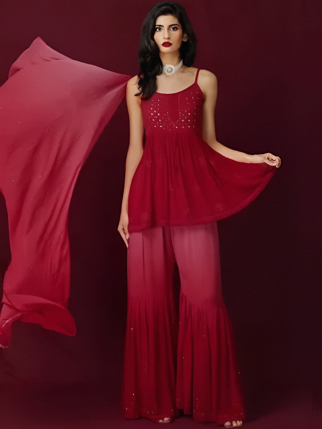 

LABEL AISHWARYRIKA Women Red Embroidered Empire Kurta with Sharara & With Dupatta