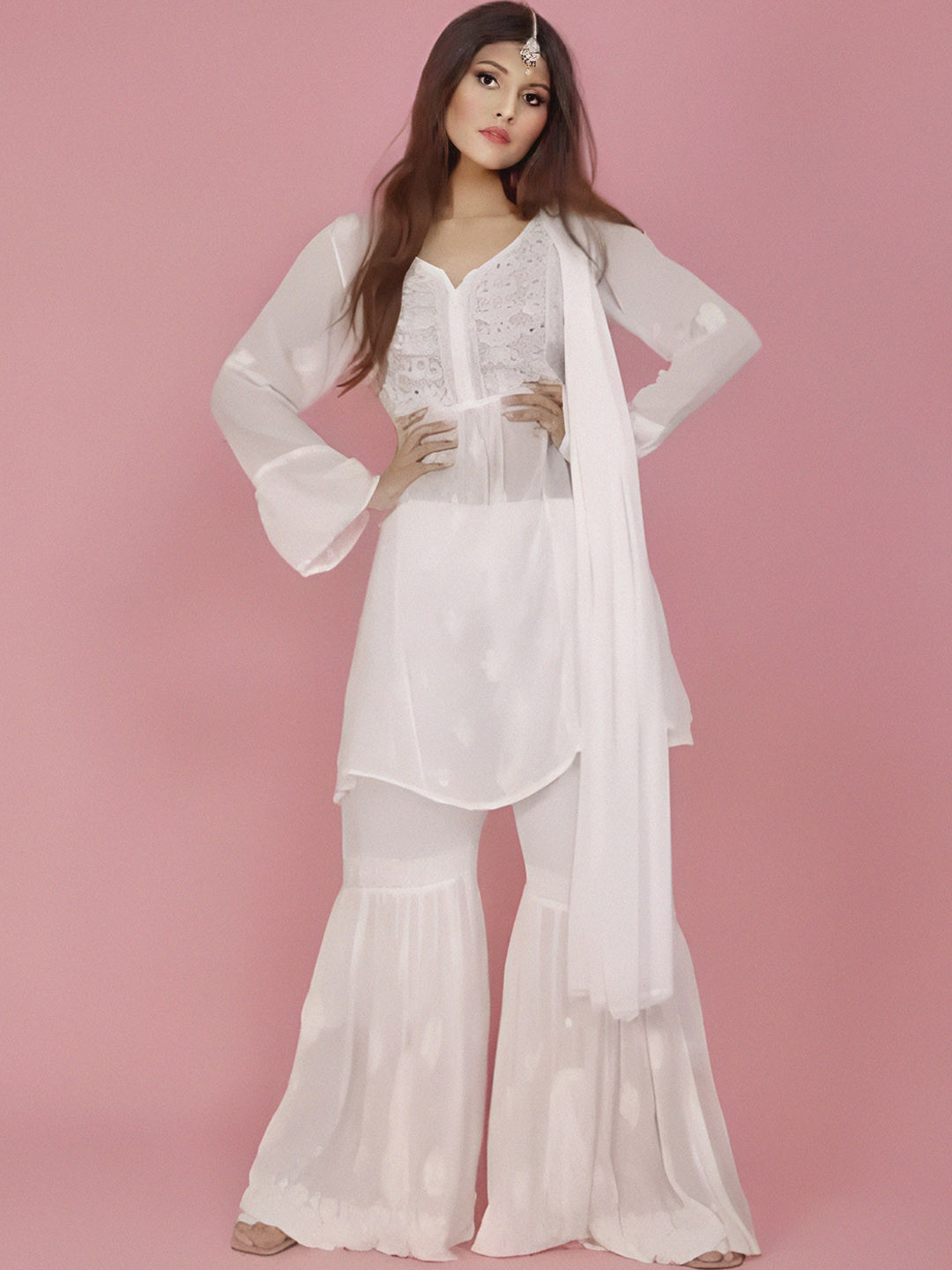 

LABEL AISHWARYRIKA Women White Ethnic Motifs Yoke Design Flared Sleeves Thread Work Georgette Kurta