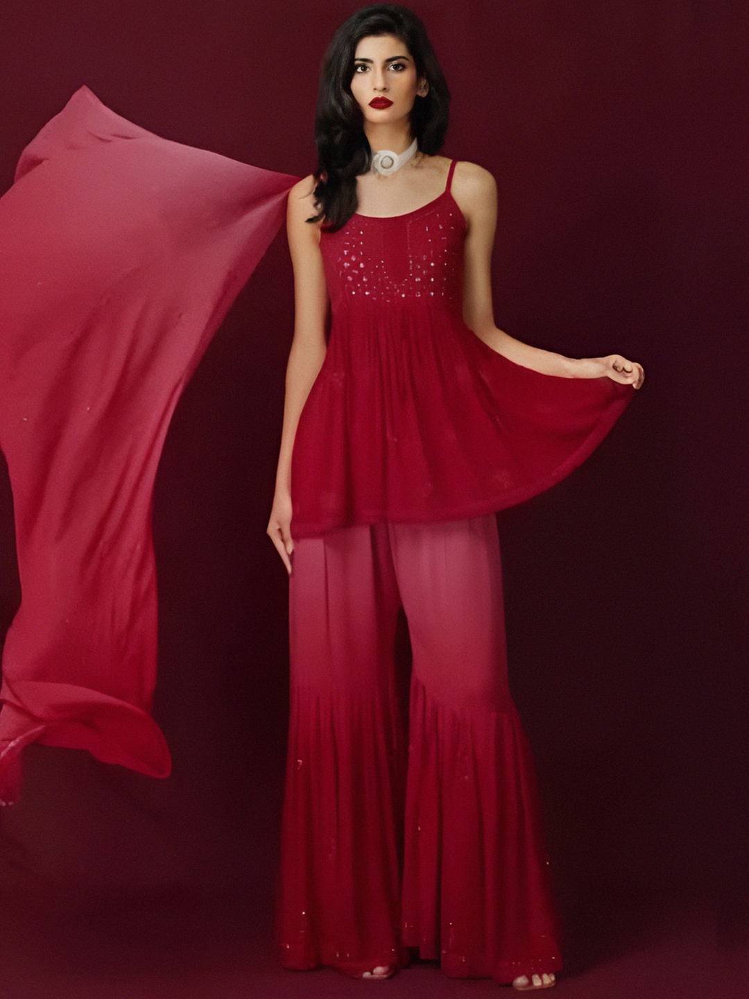 

LABEL AISHWARYRIKA Women Red Yoke Design Mirror Work Georgette Anarkali Kurta