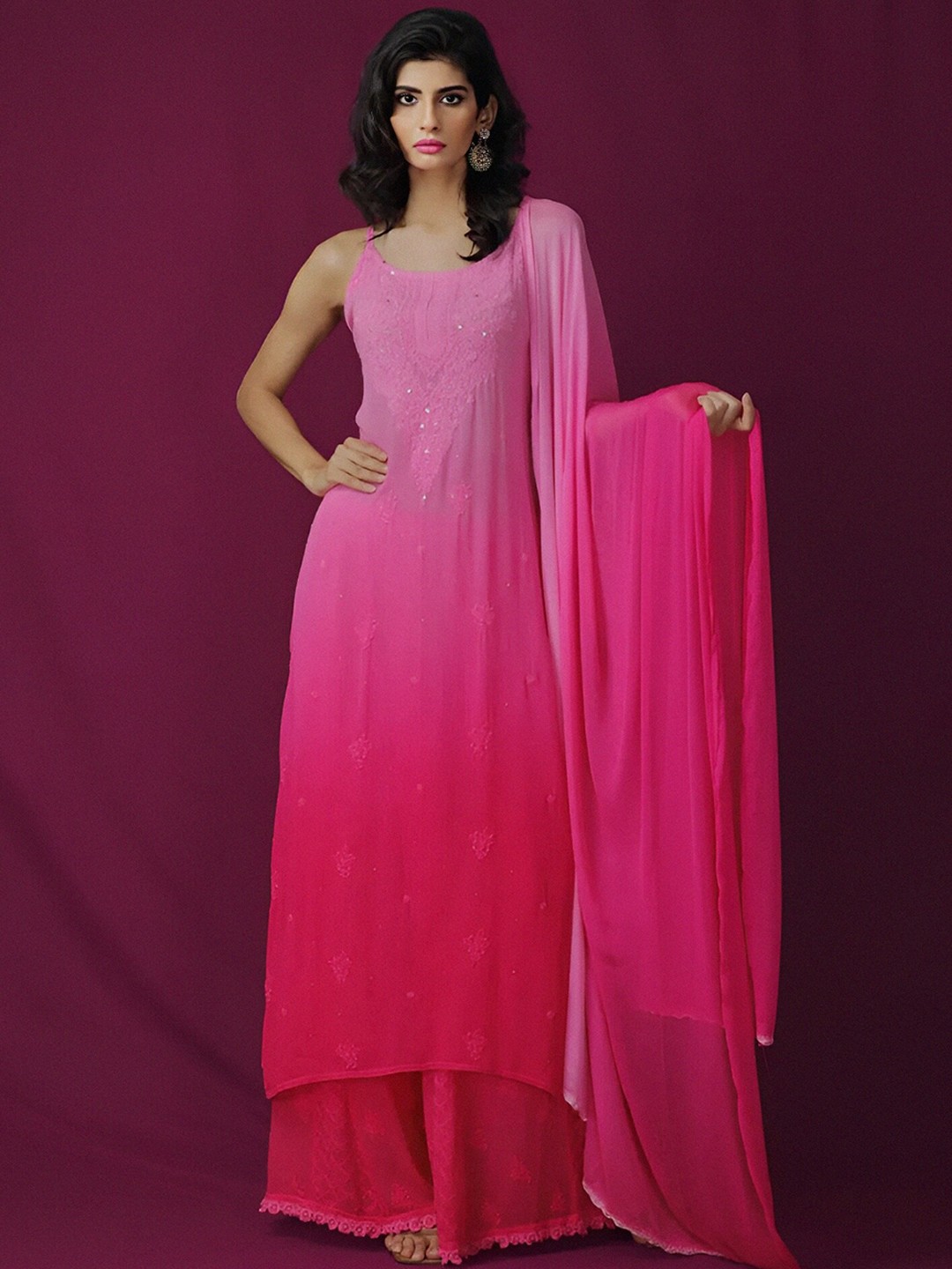 

LABEL AISHWARYRIKA Women Pink Ethnic Motifs Sequinned Kurta with Palazzos & Dupatta