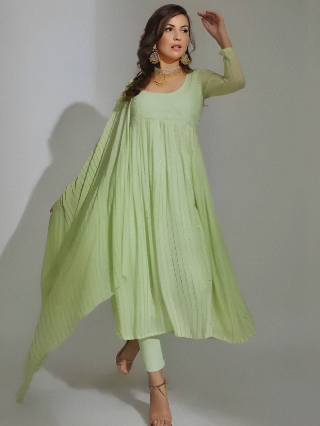 

LABEL AISHWARYRIKA Women Green Striped Empire Silk Georgette Kurta with Trousers & With Dupatta