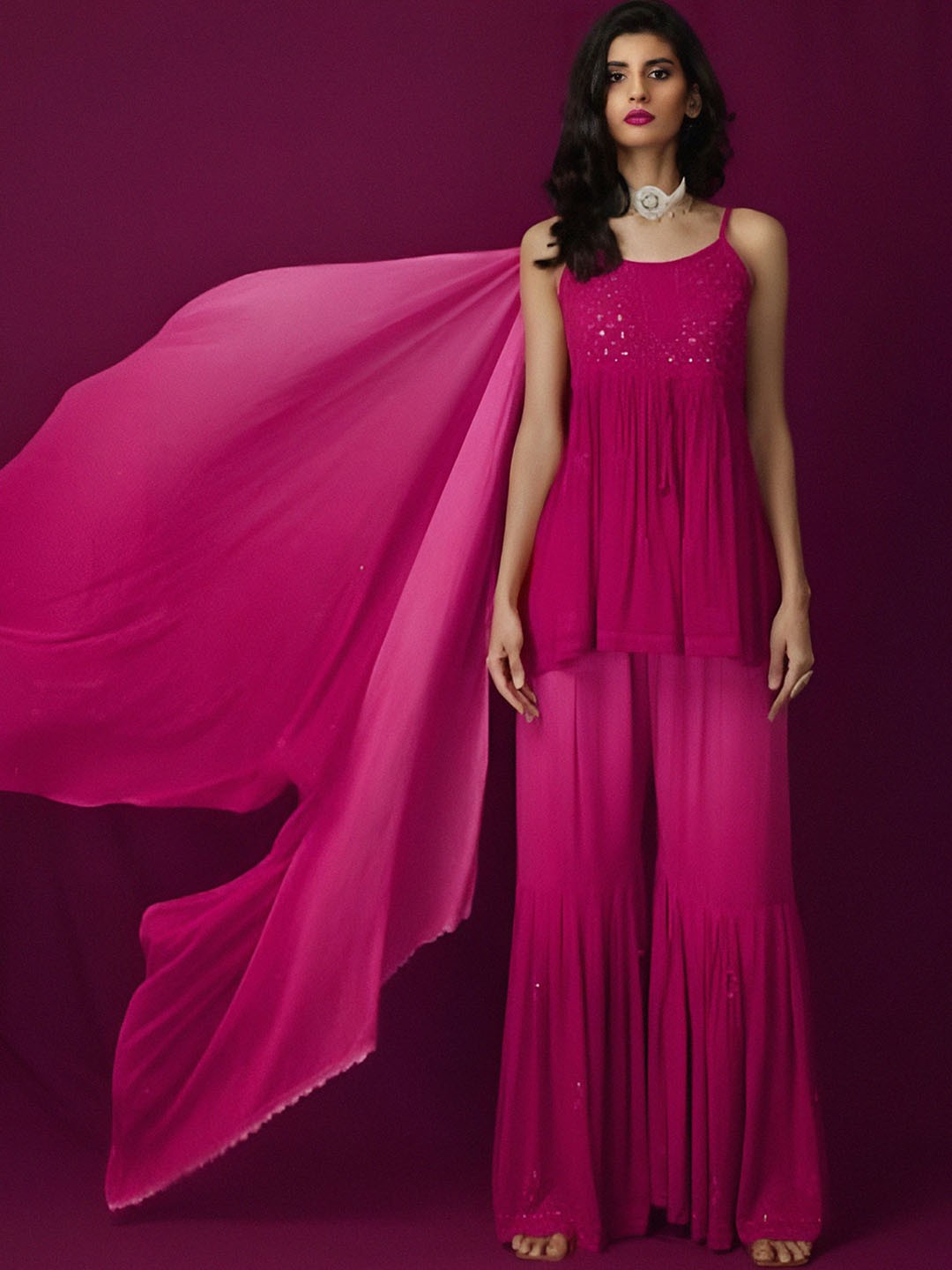 

LABEL AISHWARYRIKA Women Pink Embroidered Sequinned Silk Georgette Kurti with Sharara & With Dupatta