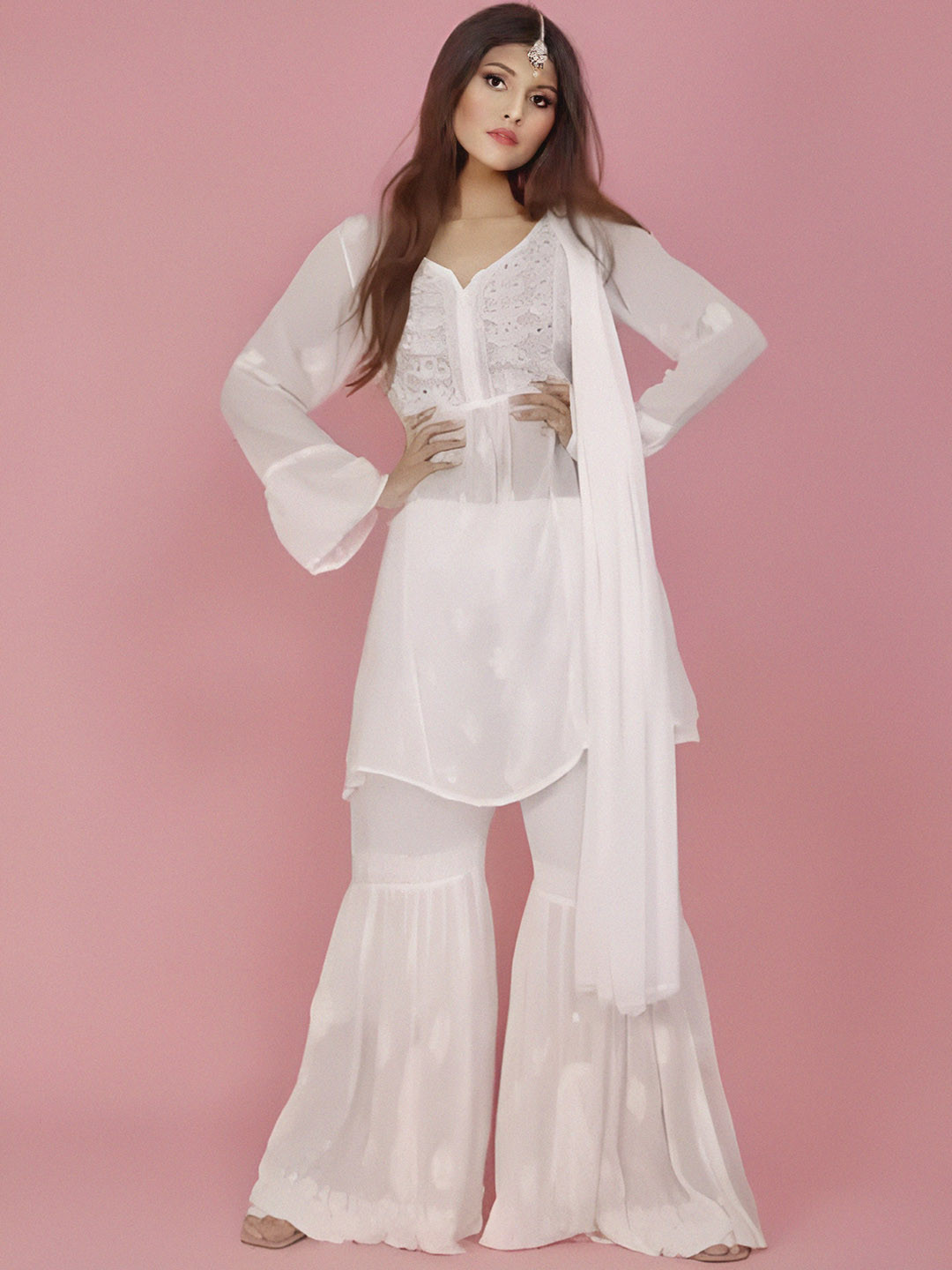 

LABEL AISHWARYRIKA Women White Floral Empire Chikankari Top with Sharara & Dupatta