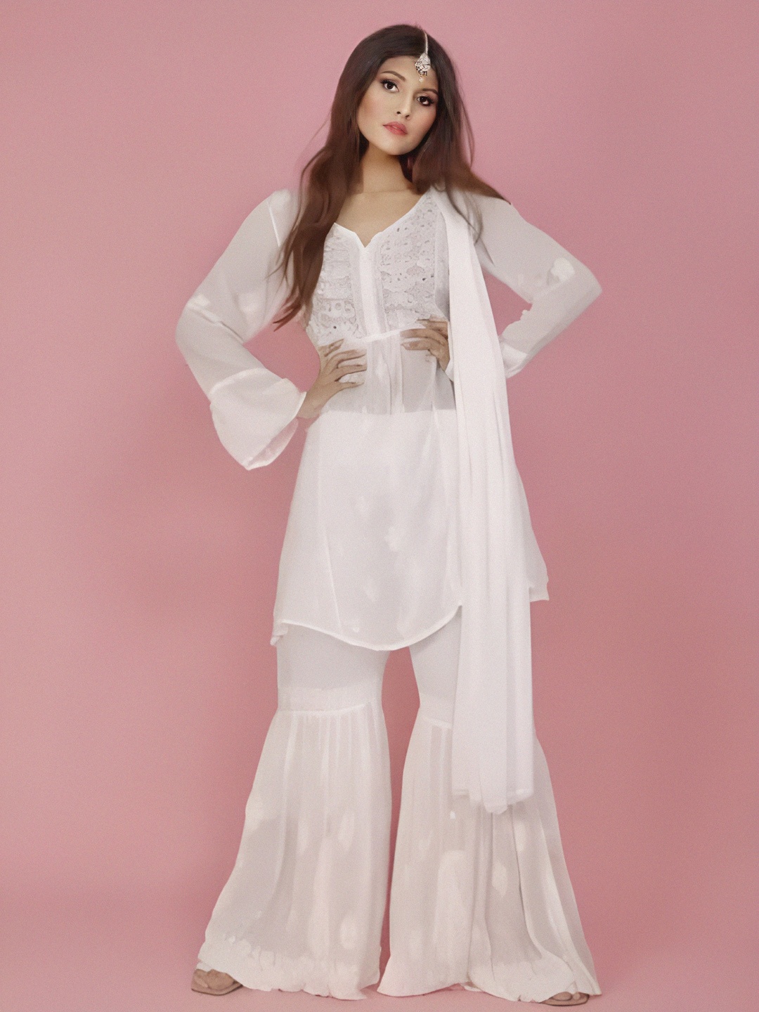 

LABEL AISHWARYRIKA Women White Floral Embroidered Empire Silk Georgette Top with Sharara & With Dupatta