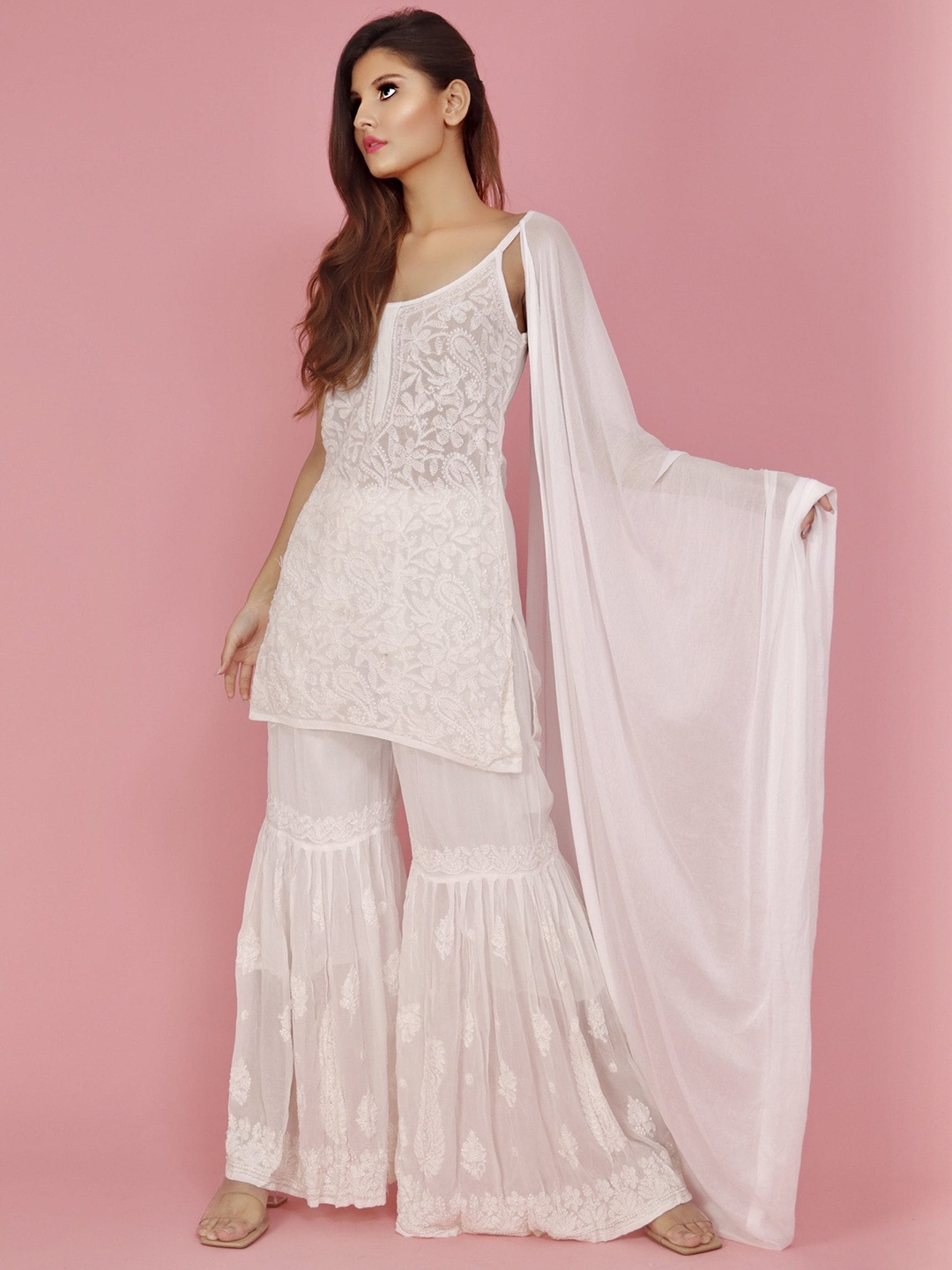 

LABEL AISHWARYRIKA Women White Floral Embroidered Chikankari Silk Georgette Kurti with Sharara & With