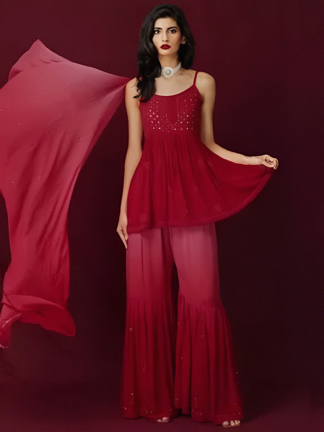 

LABEL AISHWARYRIKA Red Embellished Mirror Work Kurti