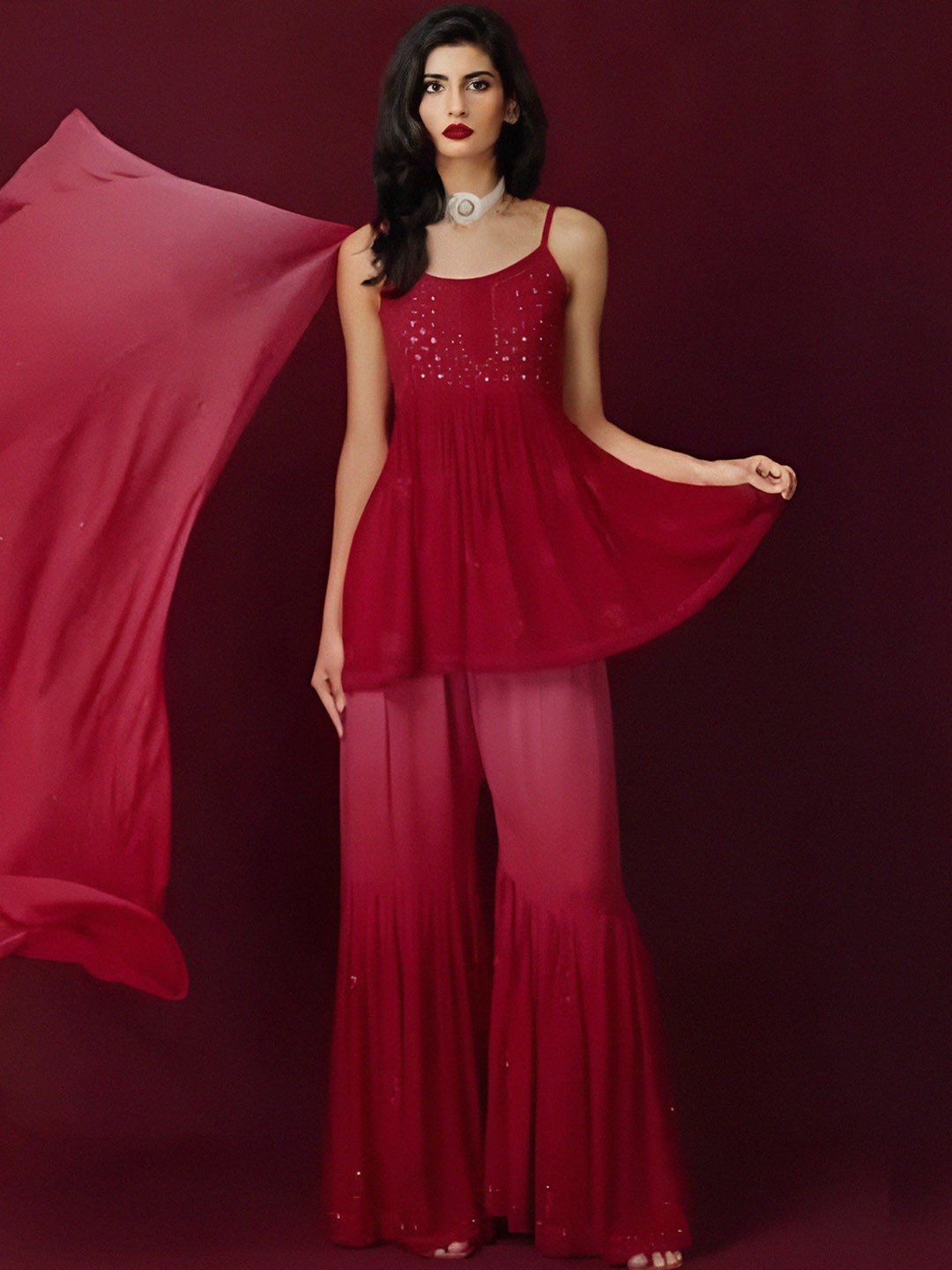 

LABEL AISHWARYRIKA Red Embellished Mirror Work Kurti