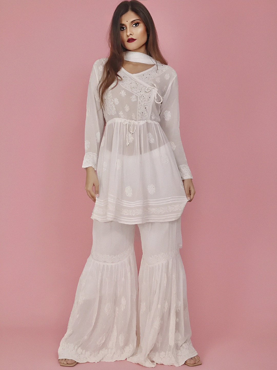 

LABEL AISHWARYRIKA Women White Floral Embroidered Angrakha Chikankari Silk Georgette Kurti with Sharara &