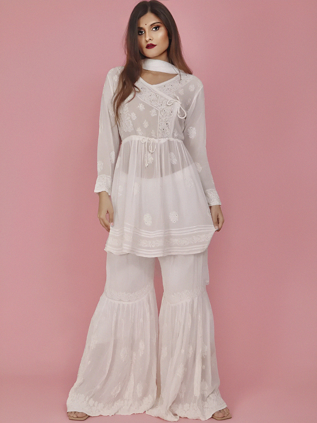 

LABEL AISHWARYRIKA Women White Embroidered Angrakha Chikankari Silk Georgette Kurta with Sharara & With