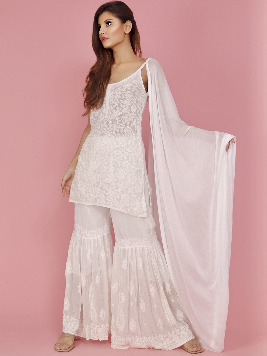 

LABEL AISHWARYRIKA Women White Embroidered Chikankari Silk Georgette Kurta with Sharara & With Dupatta