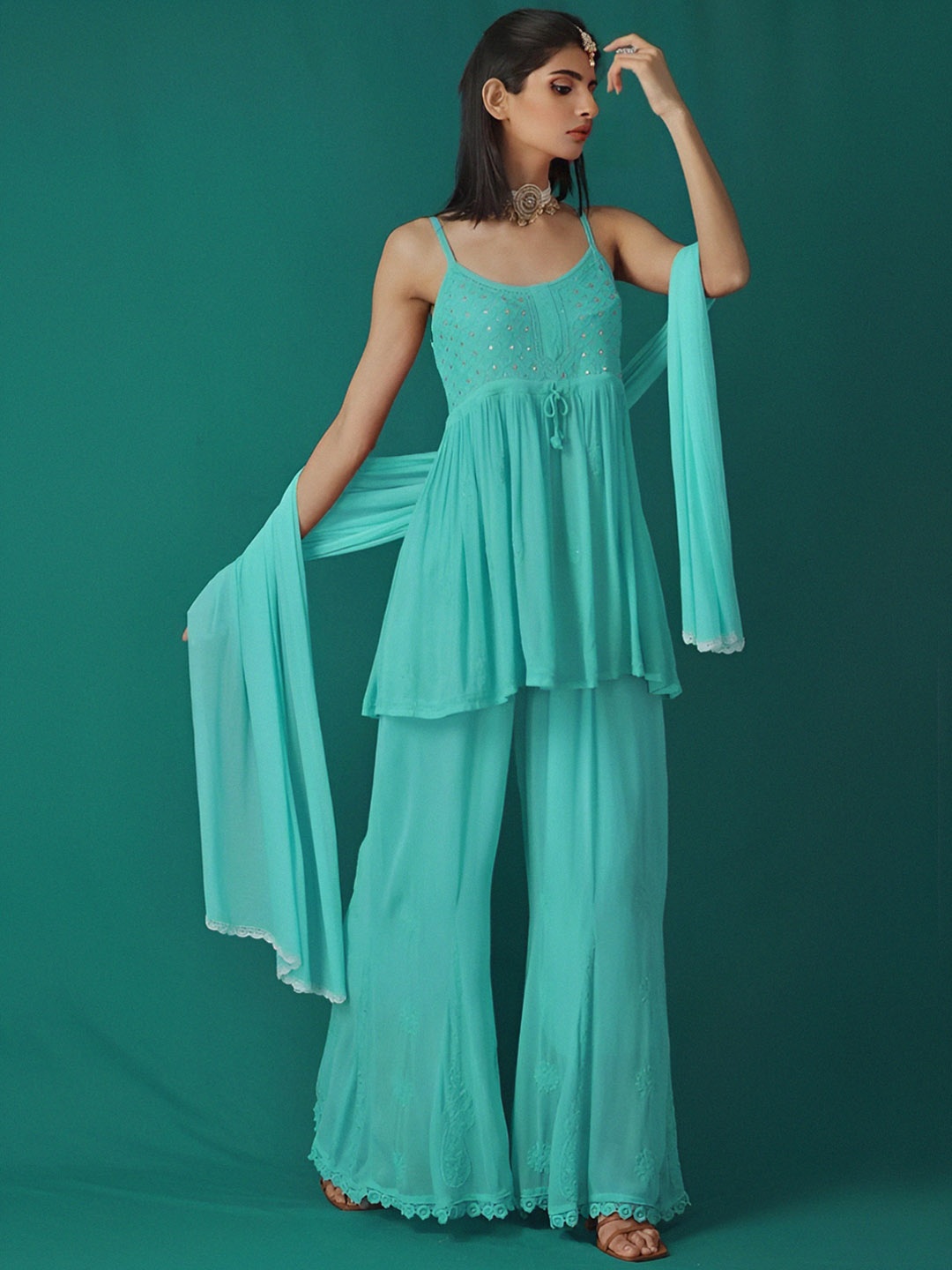 

LABEL AISHWARYRIKA Blue Embellished Mirror Work Kurti