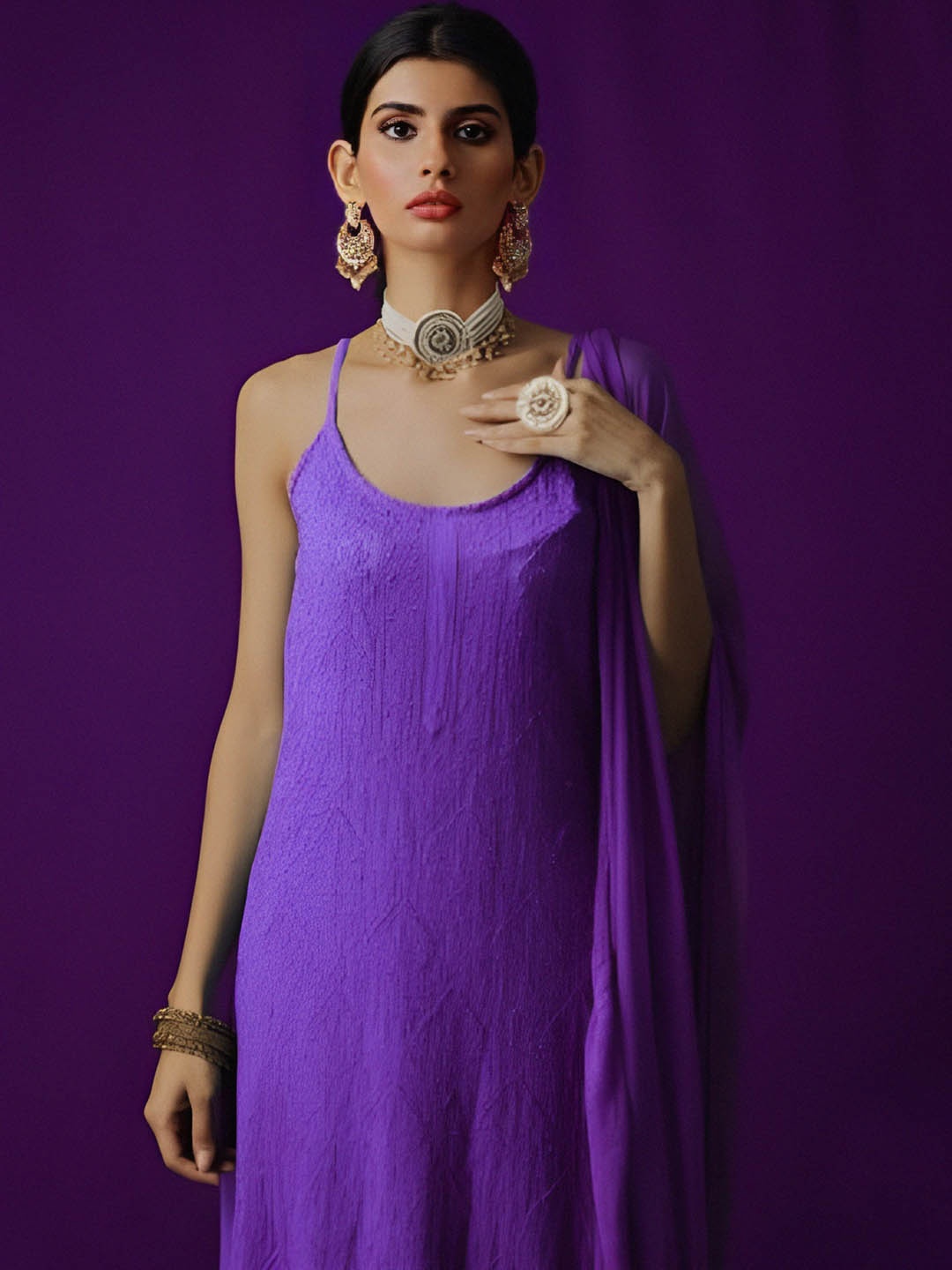 

LABEL AISHWARYRIKA Women Purple Thread Work Georgette Kurta
