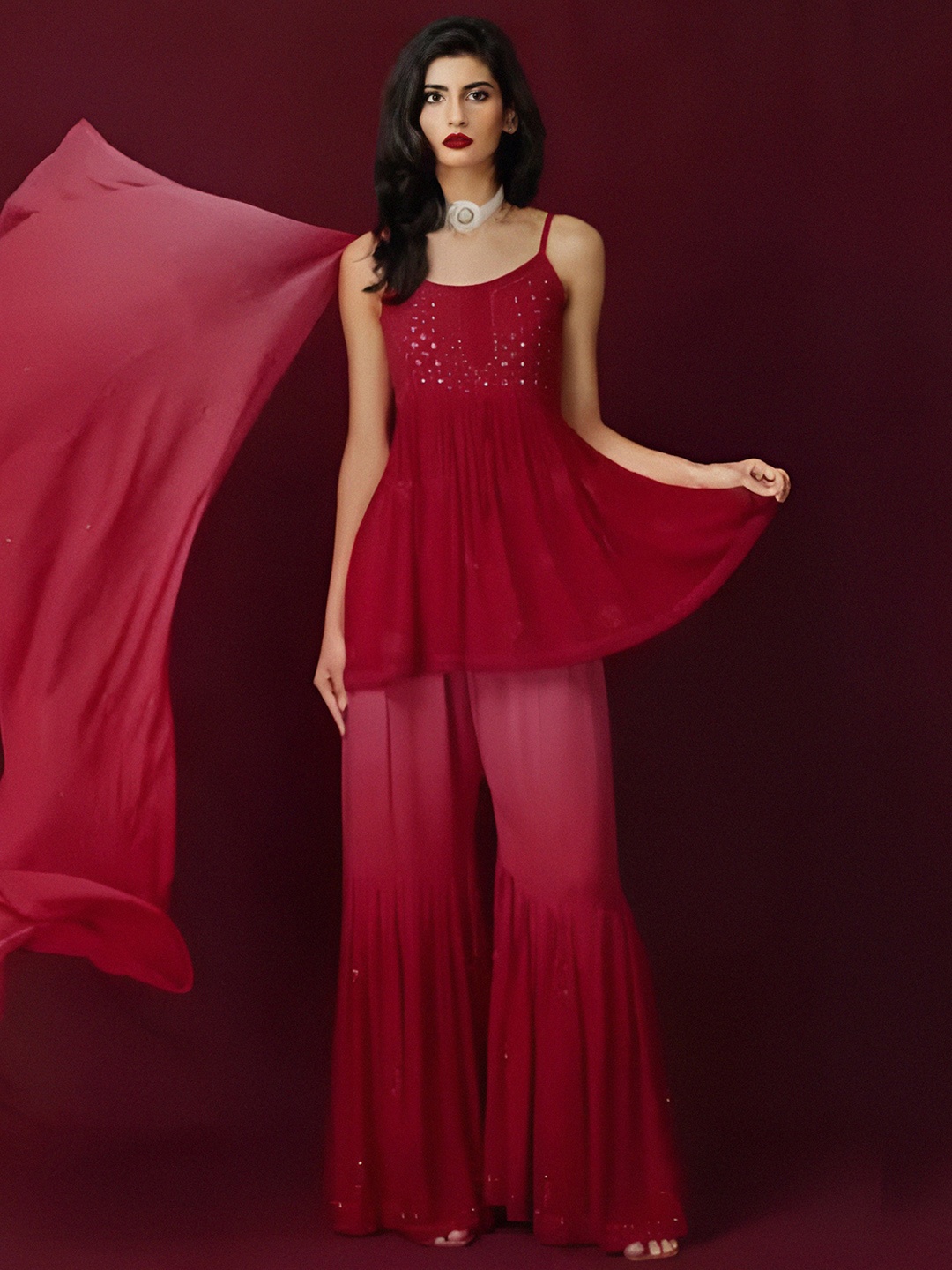 

LABEL AISHWARYRIKA Red Embellished Mirror Work Kurti