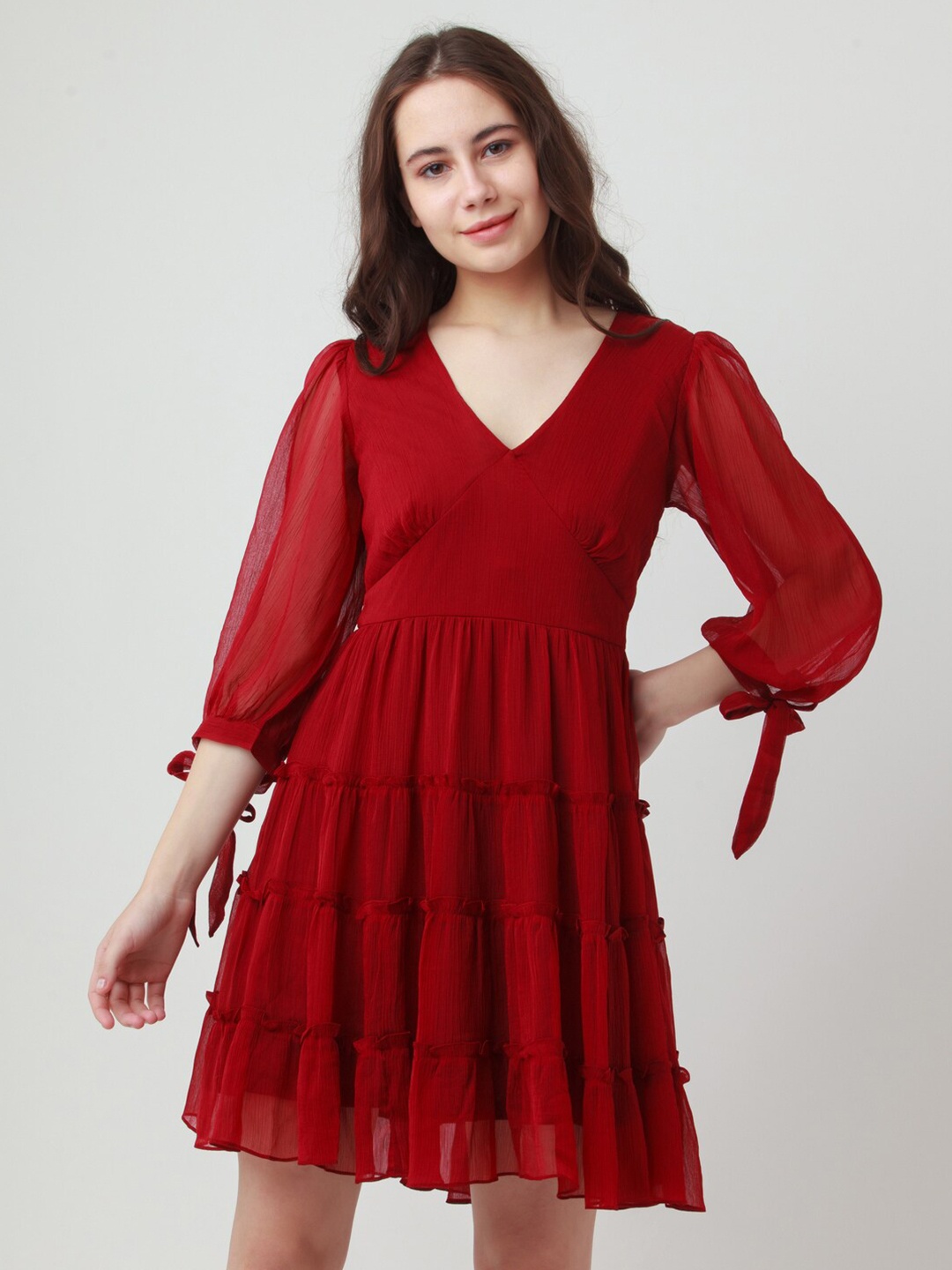 

Zink London Fit and Flare Flared Sleeves V-Neck Dress, Maroon