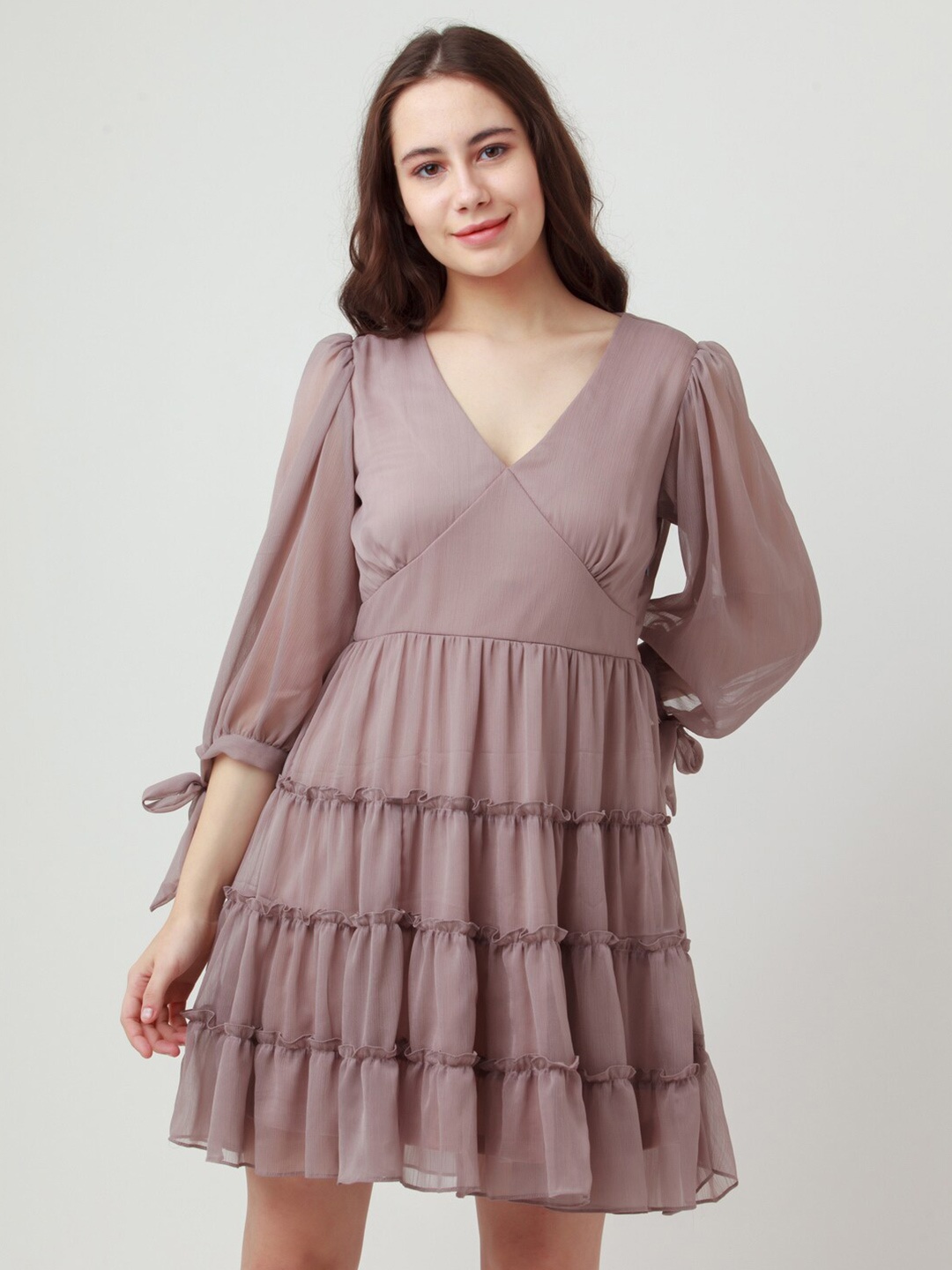 

Zink London Fit and Flare Flared Sleeves Ethnic Dress, Grey