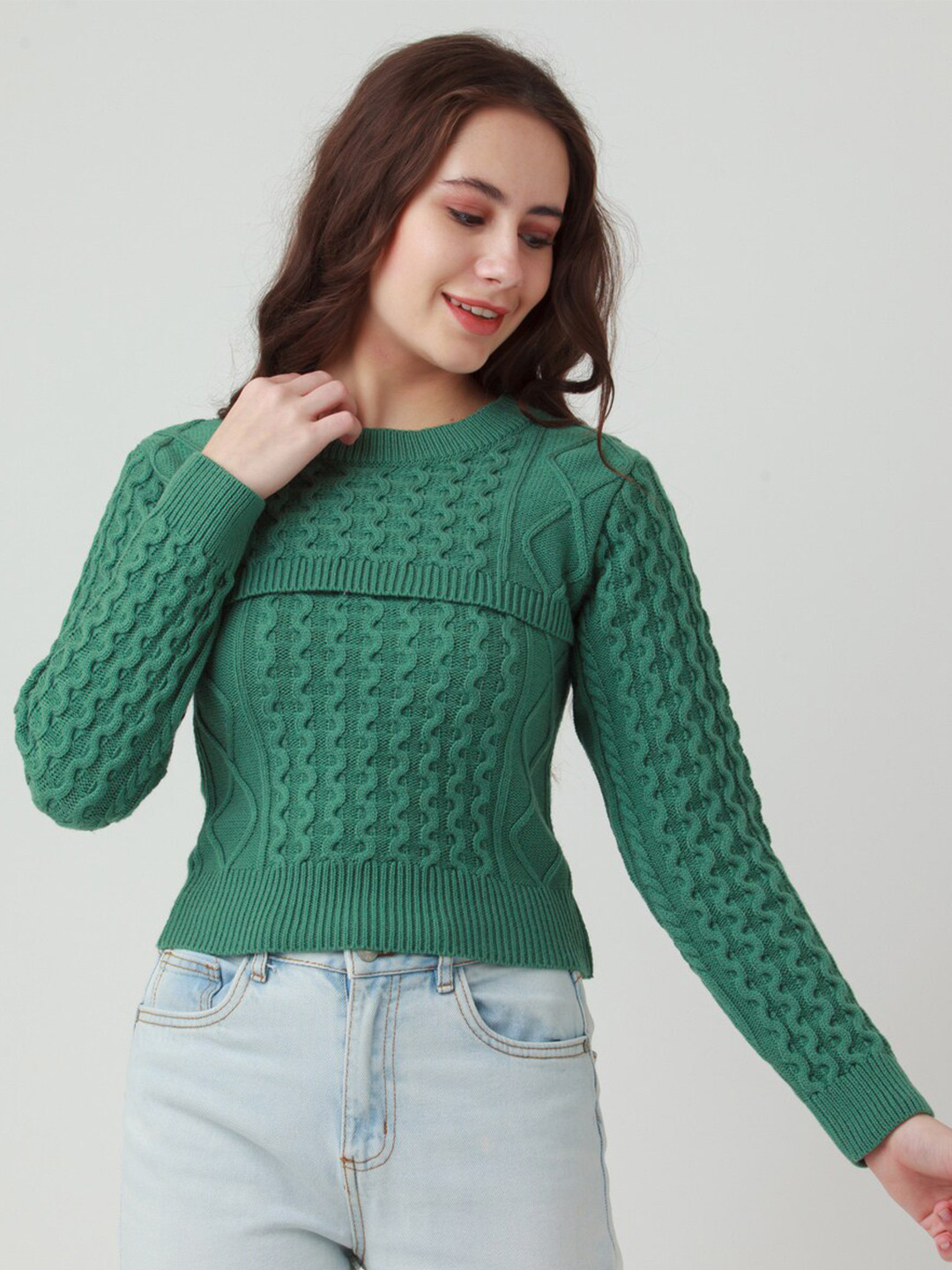 

Zink London Women Green Cable Knit Pullover Sweater